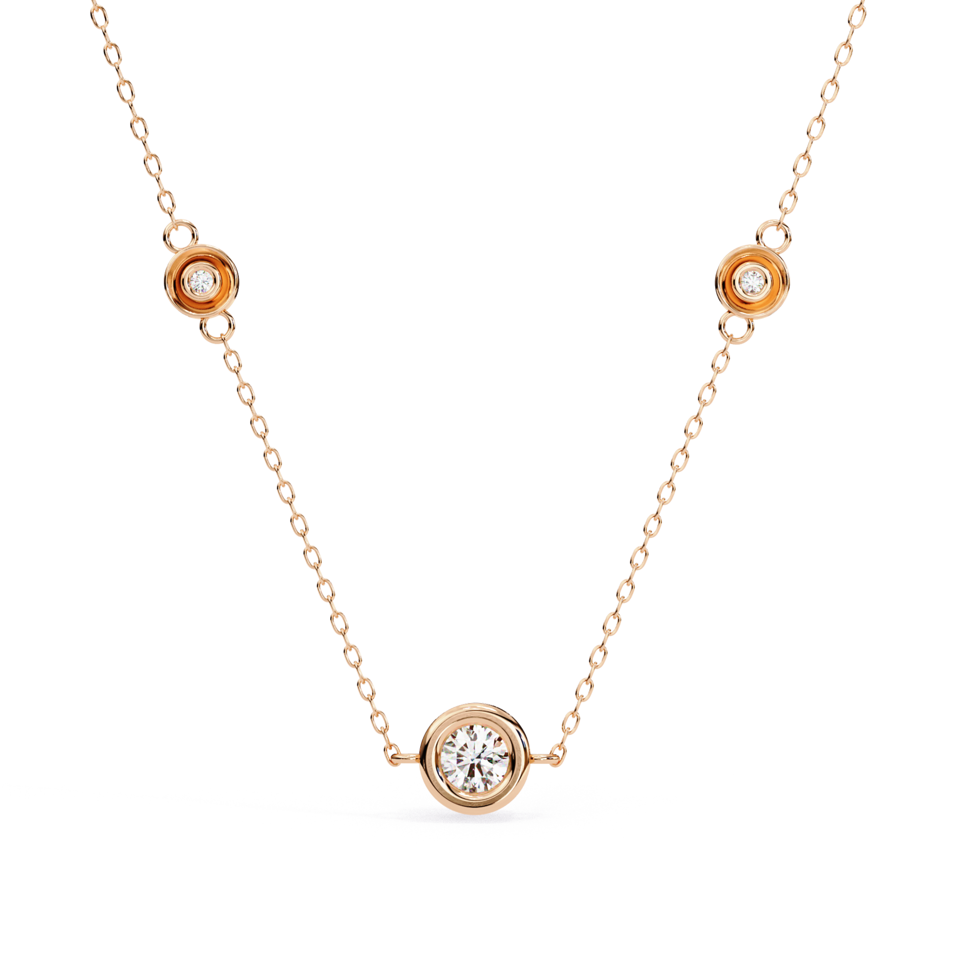 Rose gold station necklace with round bezel diamonds
