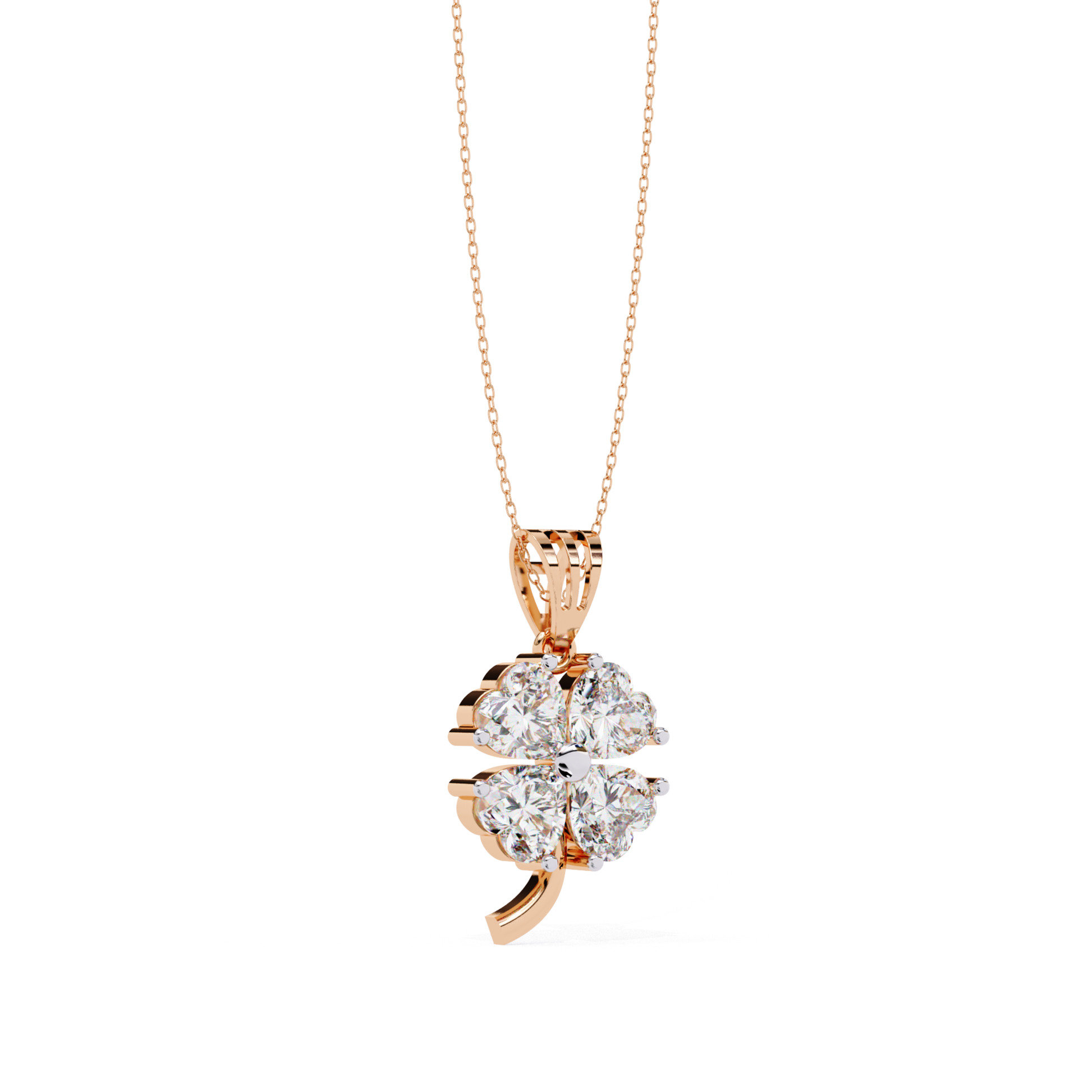 Rose gold flower necklace with round diamonds side view