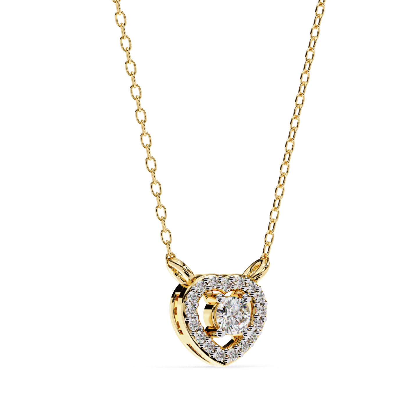  Rose gold necklace featuring a heart-shaped pendant with a central round diamond and a halo setting.