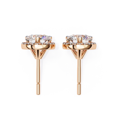 Side profile of rose gold round diamond stud earrings with halo mount