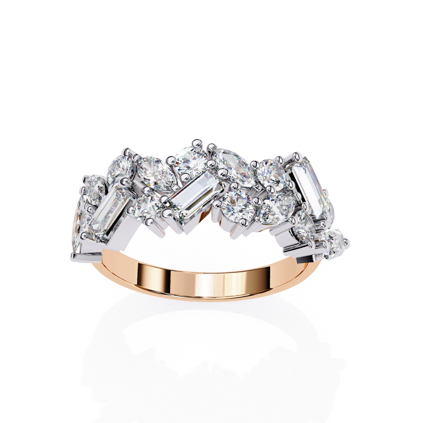 rose gold and white gold ring with oval diamonds.