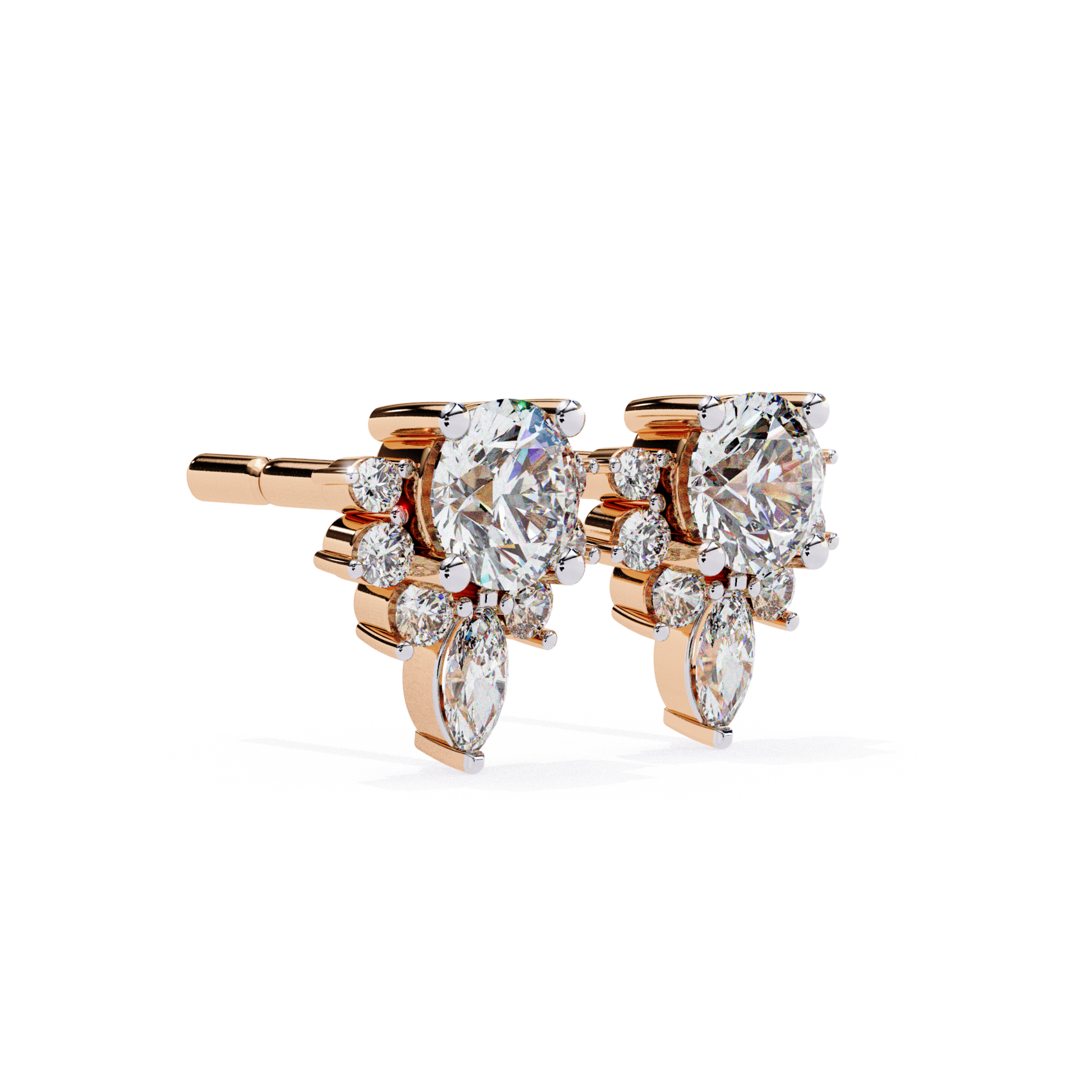  Gorgeous rose-gold stud earrings with a diamond arrangement that radiates elegance and luxury.