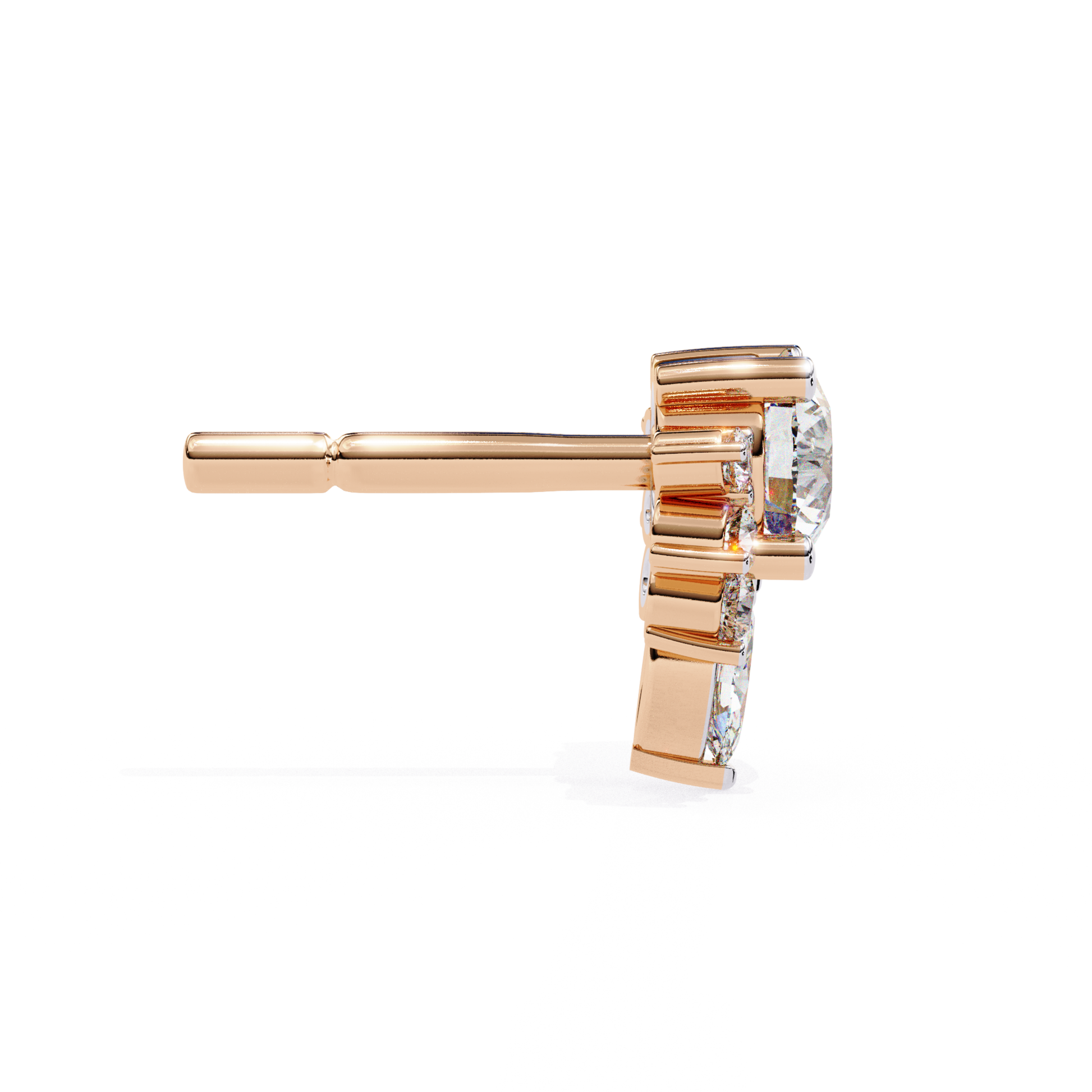  Elegant rose-gold stud earrings with a luxurious diamond arrangement, adding a touch of refinement.