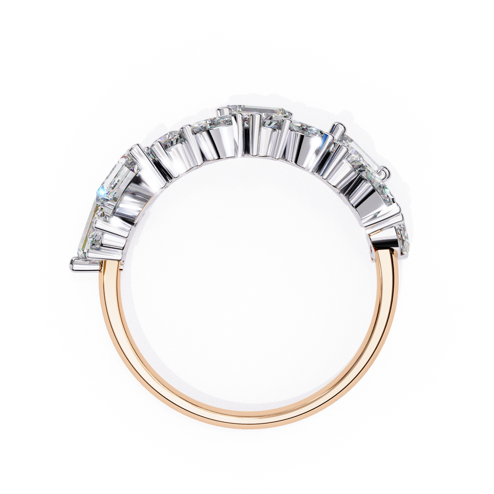 view of a two-tone ring with diamonds set in rose
