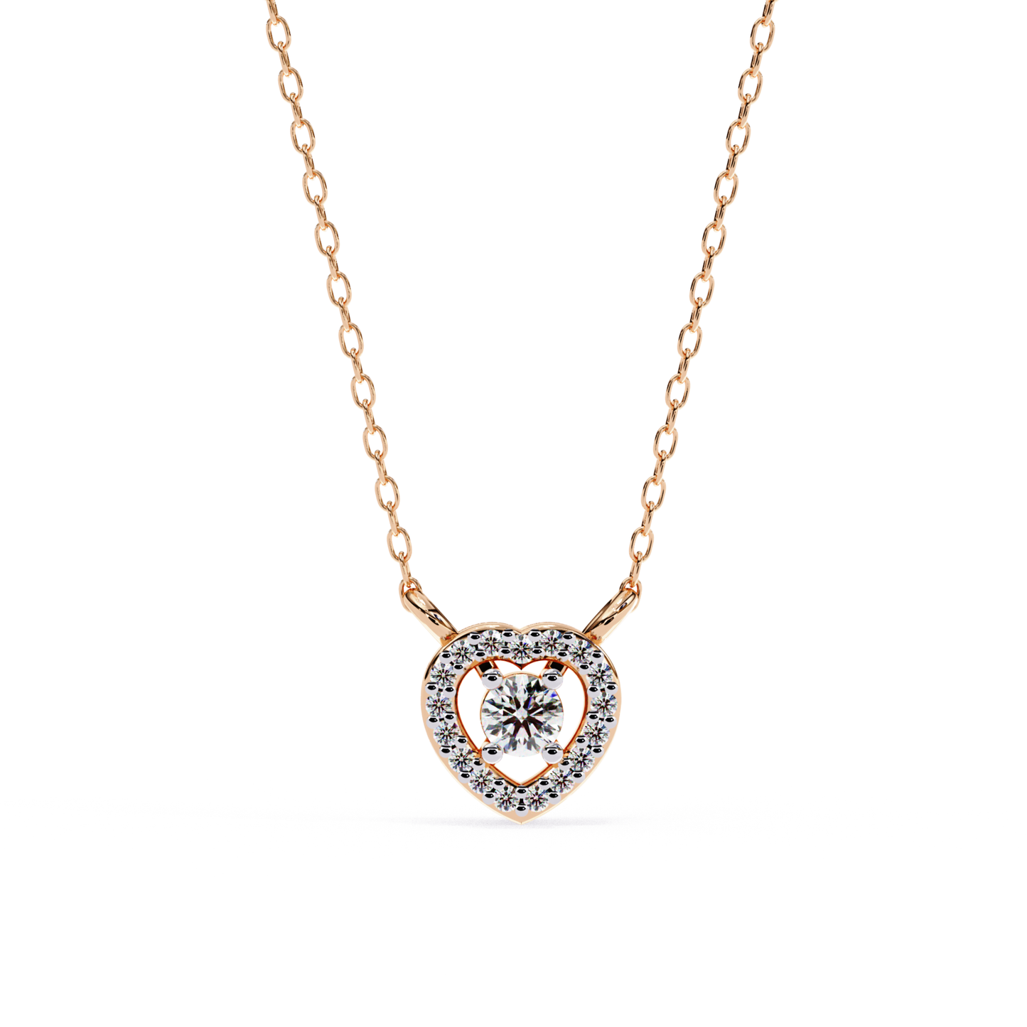  A rose gold chain necklace featuring a small heart-shaped pendant with, round-cut center diamond surrounded by a halo of smaller diamonds.