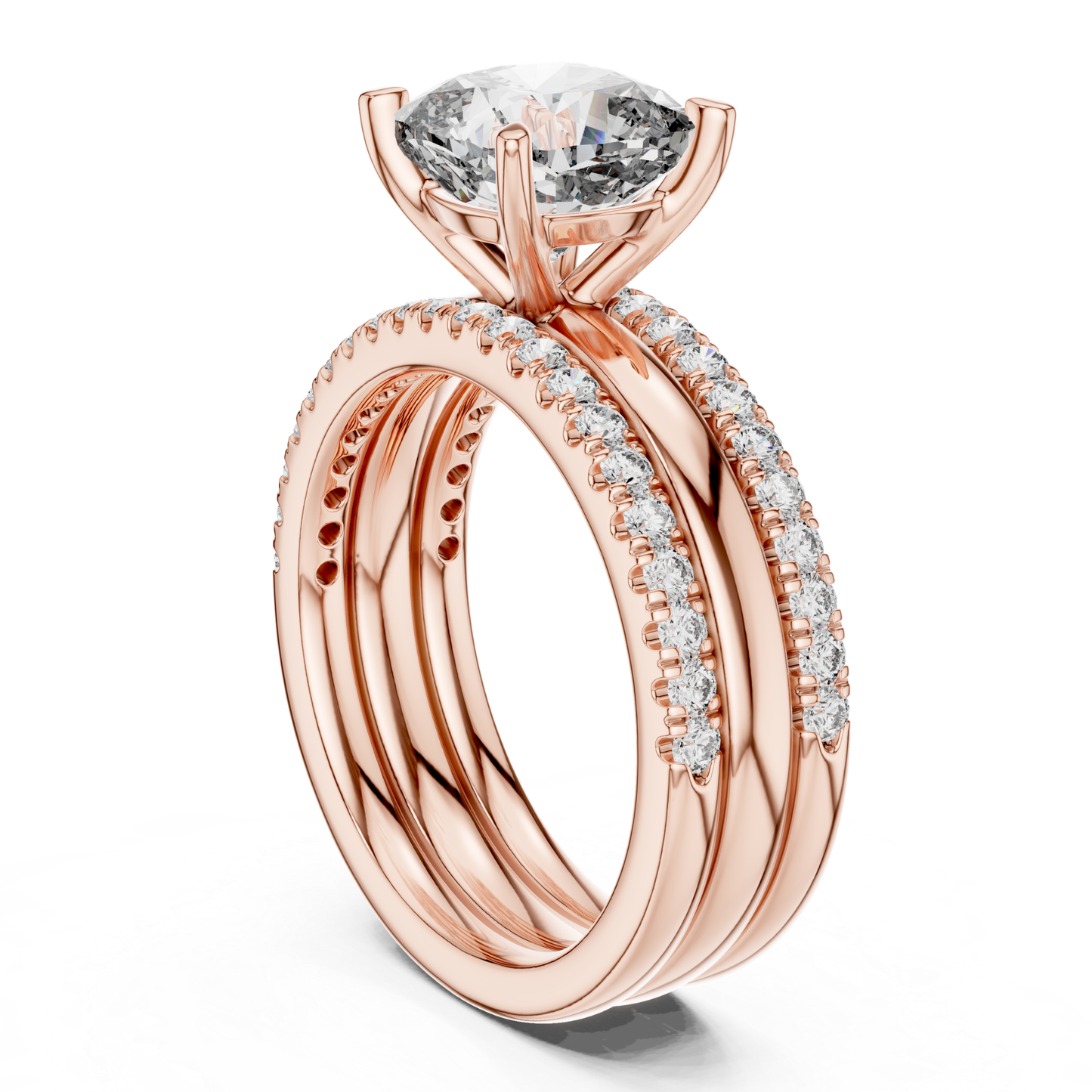 Rose gold cushion cut diamond layered engagement ring
Side view cushion cut diamond pave ring
Rose gold layered band diamond ring
Cushion cut solitaire ring with pave accents
Multi band rose gold diamond engagement ring
Cushion diamond ring with curved layered shank
Rose gold pave diamond stacked ring
Cushion cut diamond ring side profile view
Layered rose gold bridal ring with diamonds
Pave diamond cushion cut engagement ring