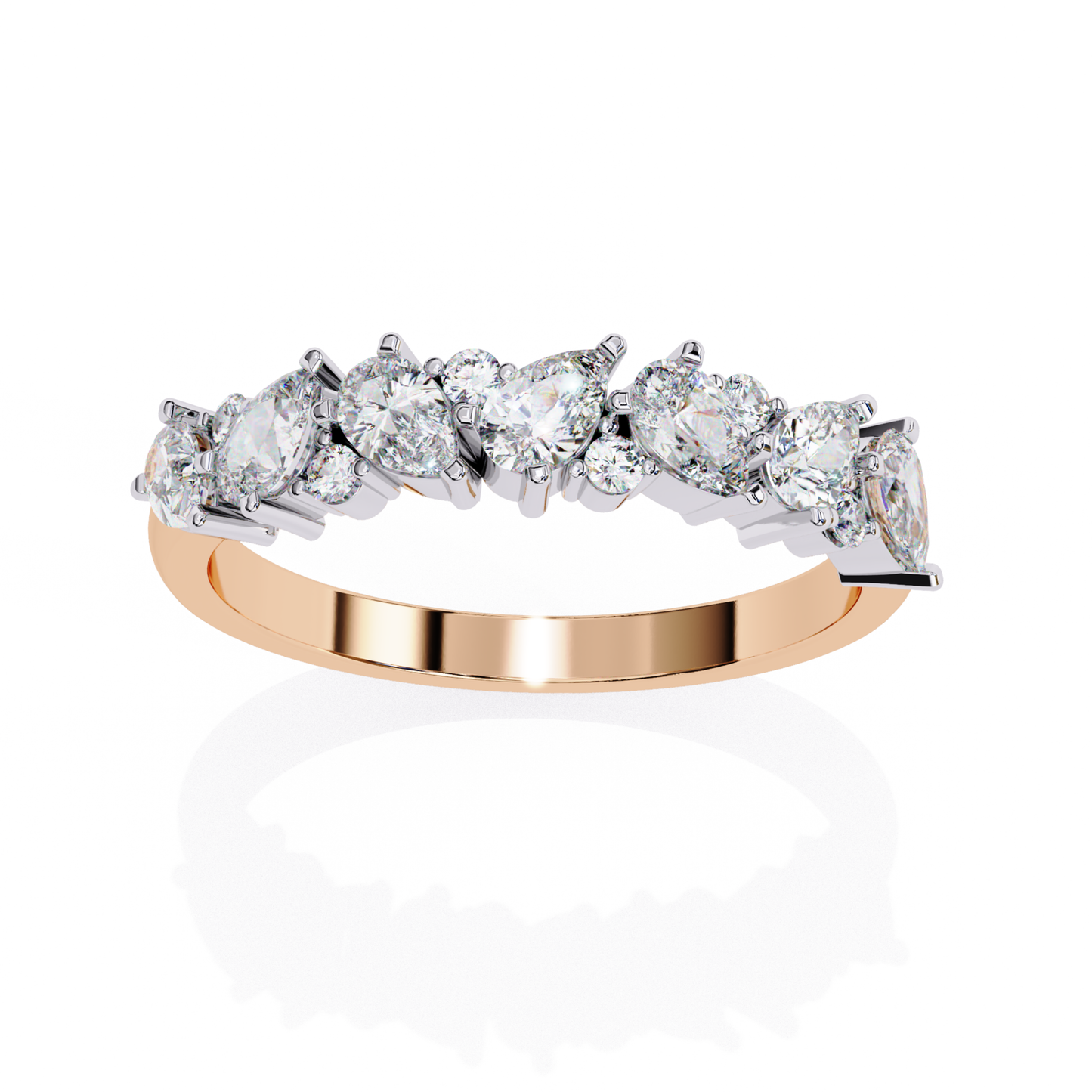 Diamond ring with rose gold band round and pear cut stone
