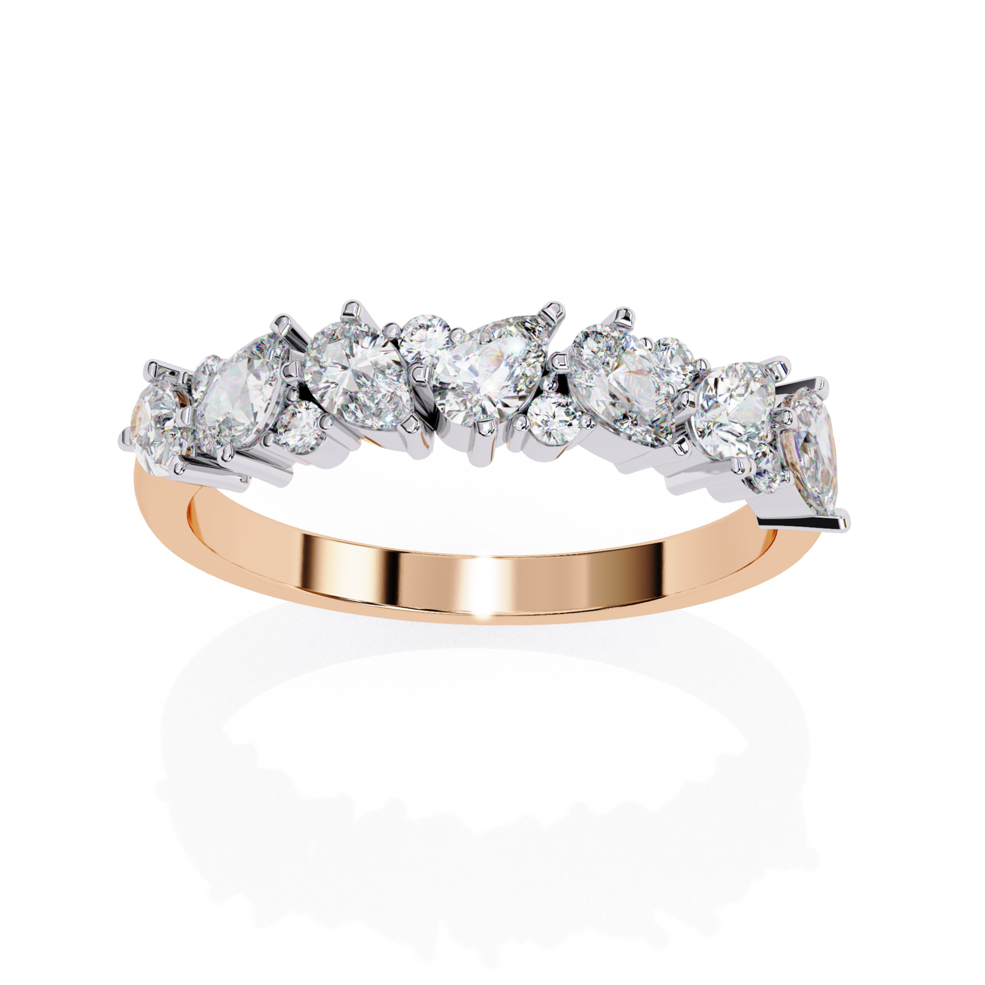 Diamond ring with rose gold band round and pear cut stone
