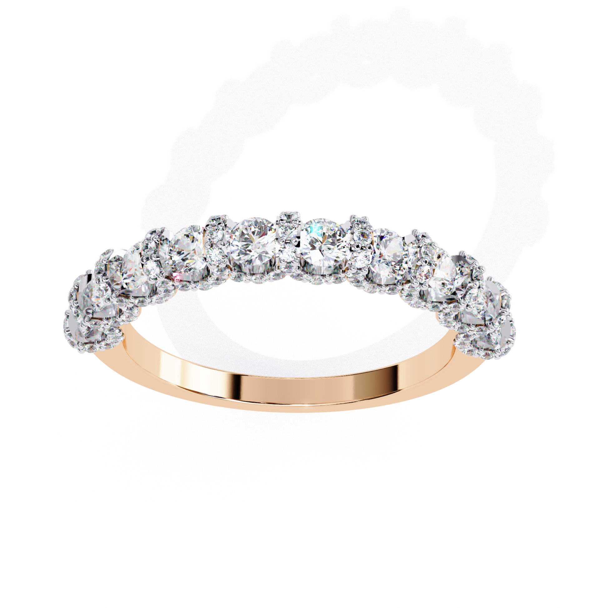 Rose gold diamond cluster half band
Rose gold ring with clustered diamonds
Diamond cluster rose gold band
Rose gold diamond band front view
Cluster diamond rose gold ring
Rose gold band with diamond clusters
Diamond set rose gold half band
Rose gold ring clustered diamond row
Polished rose gold cluster band
Rose gold diamond cluster ring