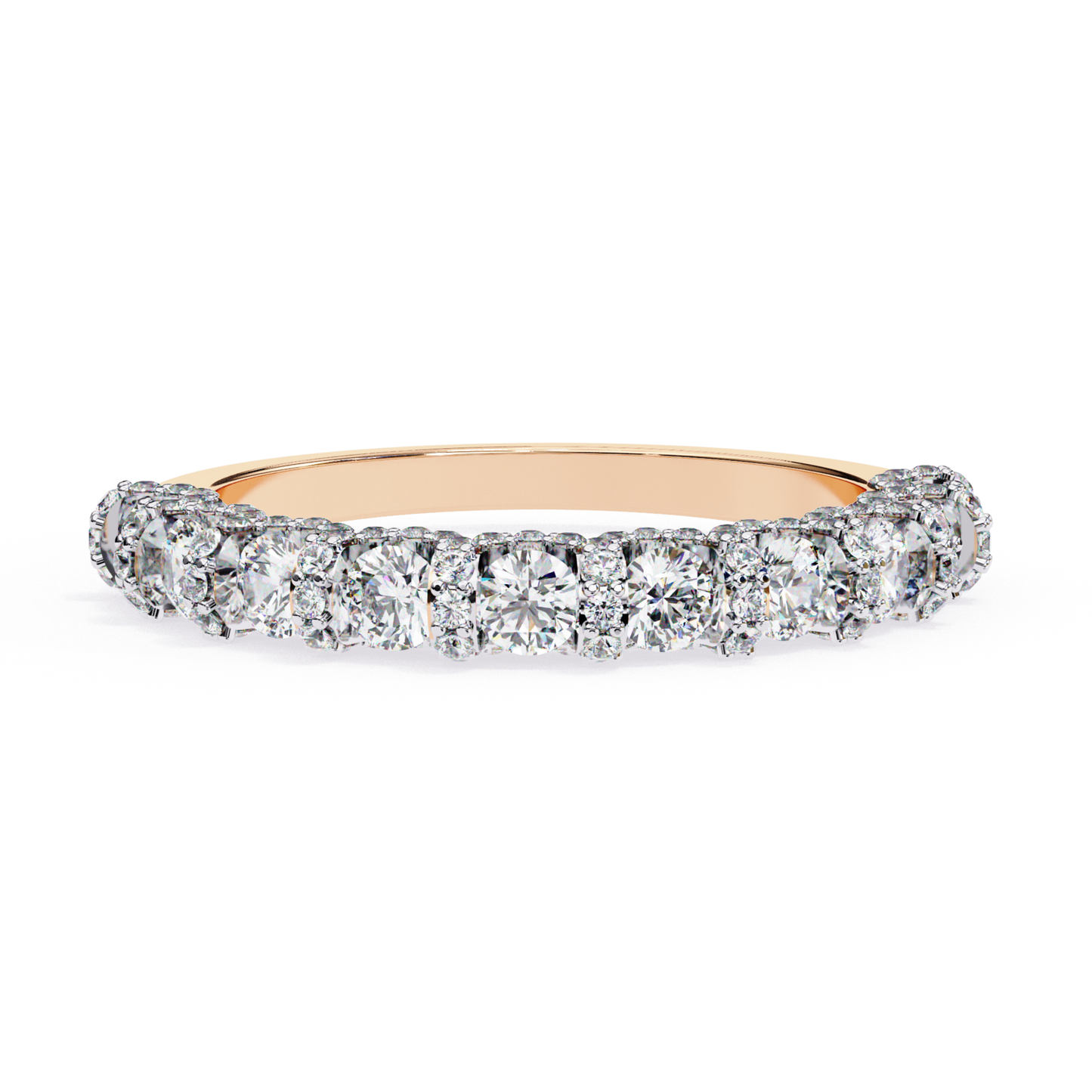 Rose gold diamond half band
Rose gold ring with round diamonds
Diamond set rose gold band
Rose gold diamond band front
Round diamond rose gold ring
Rose gold band with diamonds
Diamond row rose gold ring
Rose gold diamond ring view
Polished rose gold diamond band
Rose gold ring diamond setting