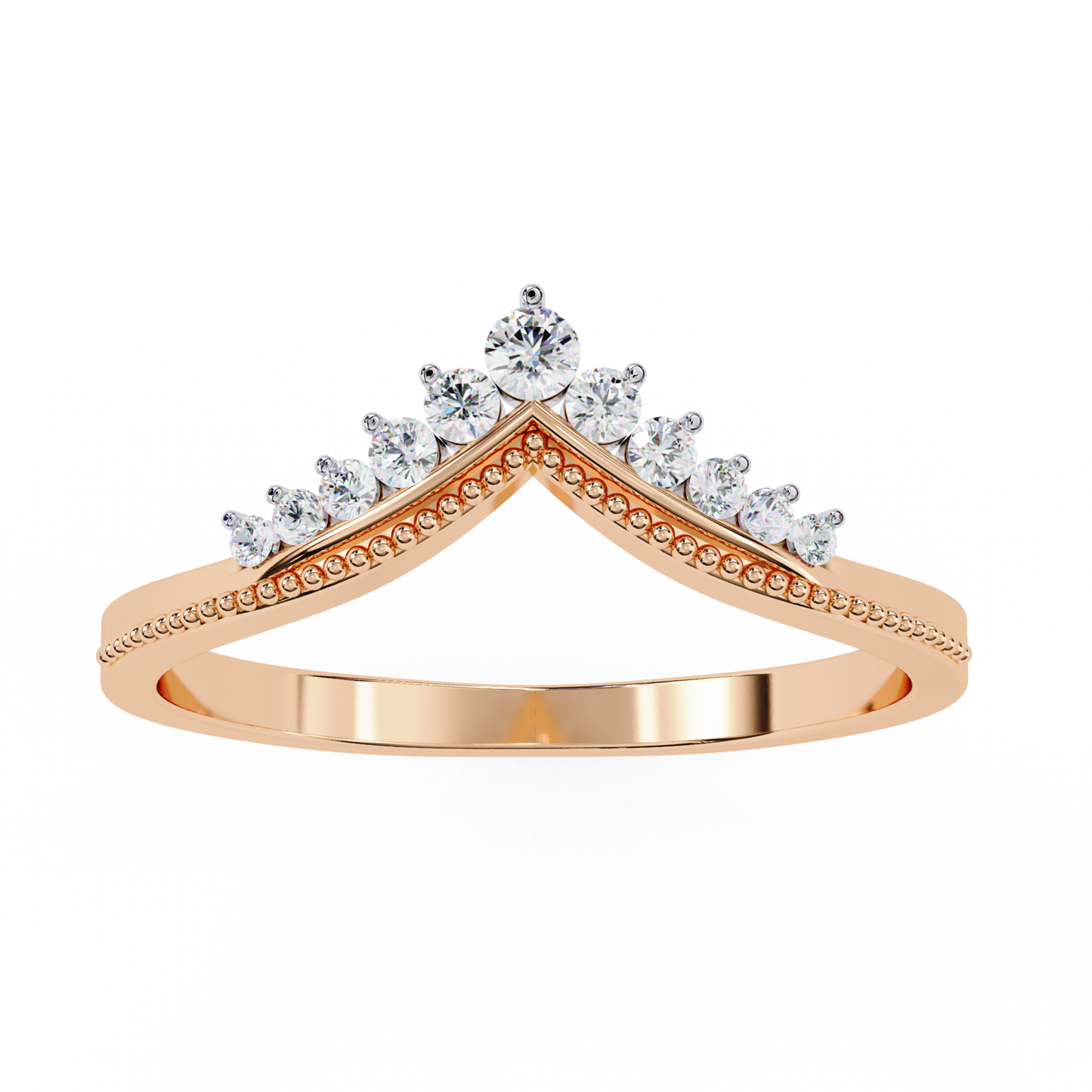 Rose gold V band with round diamonds
Crown pattern diamond band in rose gold
V shape rose gold diamond band
Round diamond set V band ring
Rose gold band with raised diamonds
Front view rose gold V band
Rose gold ring with diamond row
Top view V shape diamond band
Rose gold band with center diamond
Rose gold V design diamond ring