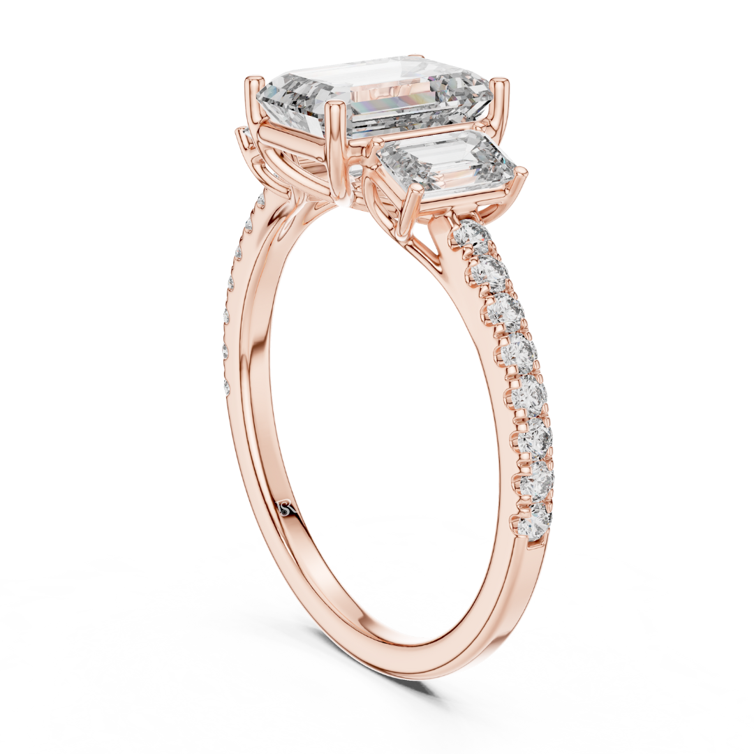 Back view of emerald cut three stone diamond ring in rose gold
Rose gold emerald diamond ring with pave band back angle
Emerald cut diamond engagement ring rear profile
Three stone emerald diamond ring back view in rose gold
Rose gold ring with emerald cut diamonds rear view
Emerald cut lab diamond ring with pave band back profile
Minimal rose gold emerald diamond ring back angle
Rear view of three stone diamond ring with pave band
Classic emerald cut engagement ring in rose gold back view
Rose gold diamond