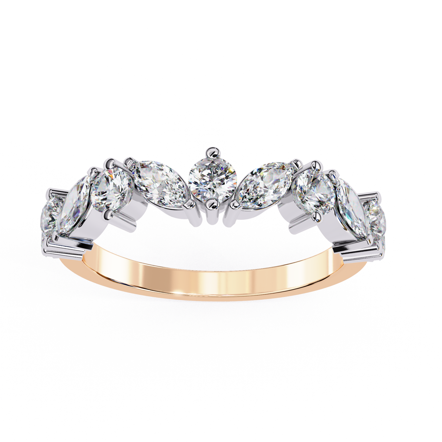 Rose gold diamond ring front
Marquise and round diamond band
Diamond curve ring front view
Rose gold diamond arc band
Marquise center diamond ring
Round diamond cluster band
Rose gold mixed diamond ring
Diamond crown style band
Marquise diamond front setting
Rose gold diamond top view
