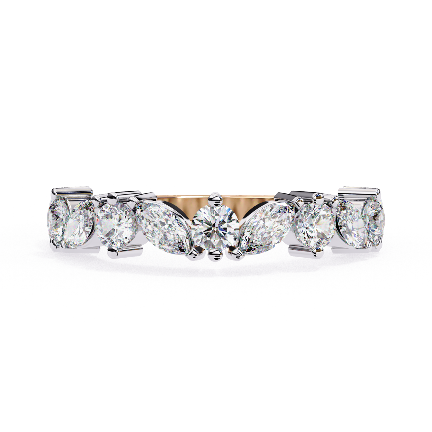 Marquise diamond row
Rose gold band view
Mixed cut diamond line
Center round stone
Front band angle
Prong set stones
Diamond top view
Curved stone row
Polished rose band
Close diamond setting