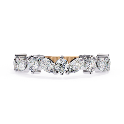 Marquise diamond row
Rose gold band view
Mixed cut diamond line
Center round stone
Front band angle
Prong set stones
Diamond top view
Curved stone row
Polished rose band
Close diamond setting