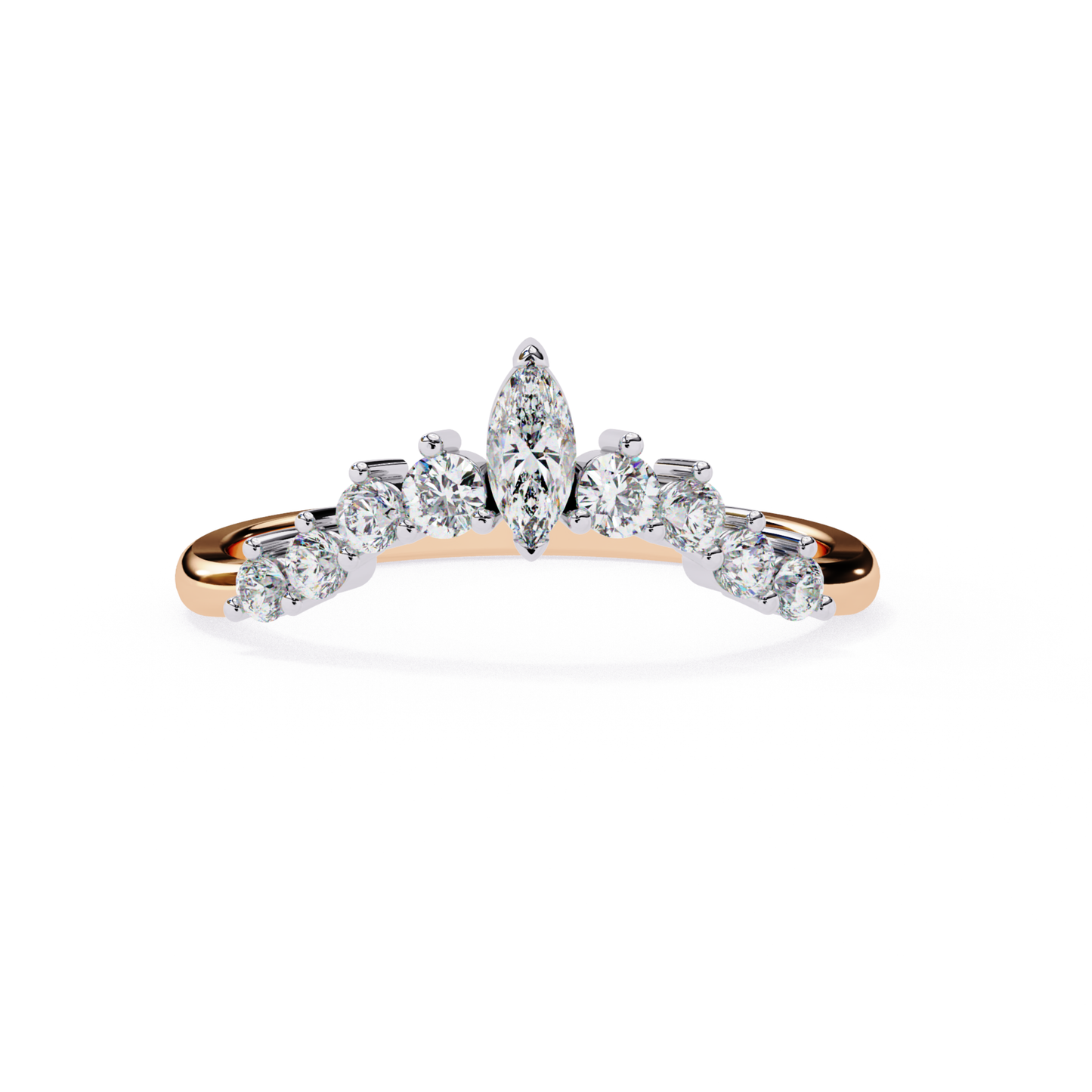 Rose gold marquise center ring
Marquise diamond curved band
Rose gold diamond arc ring
Marquise diamond front view
Curved diamond band design
Rose gold marquise peak ring
Marquise diamond crown style
Diamond curve band top view
Rose gold marquise setting
Marquise diamond contour band
