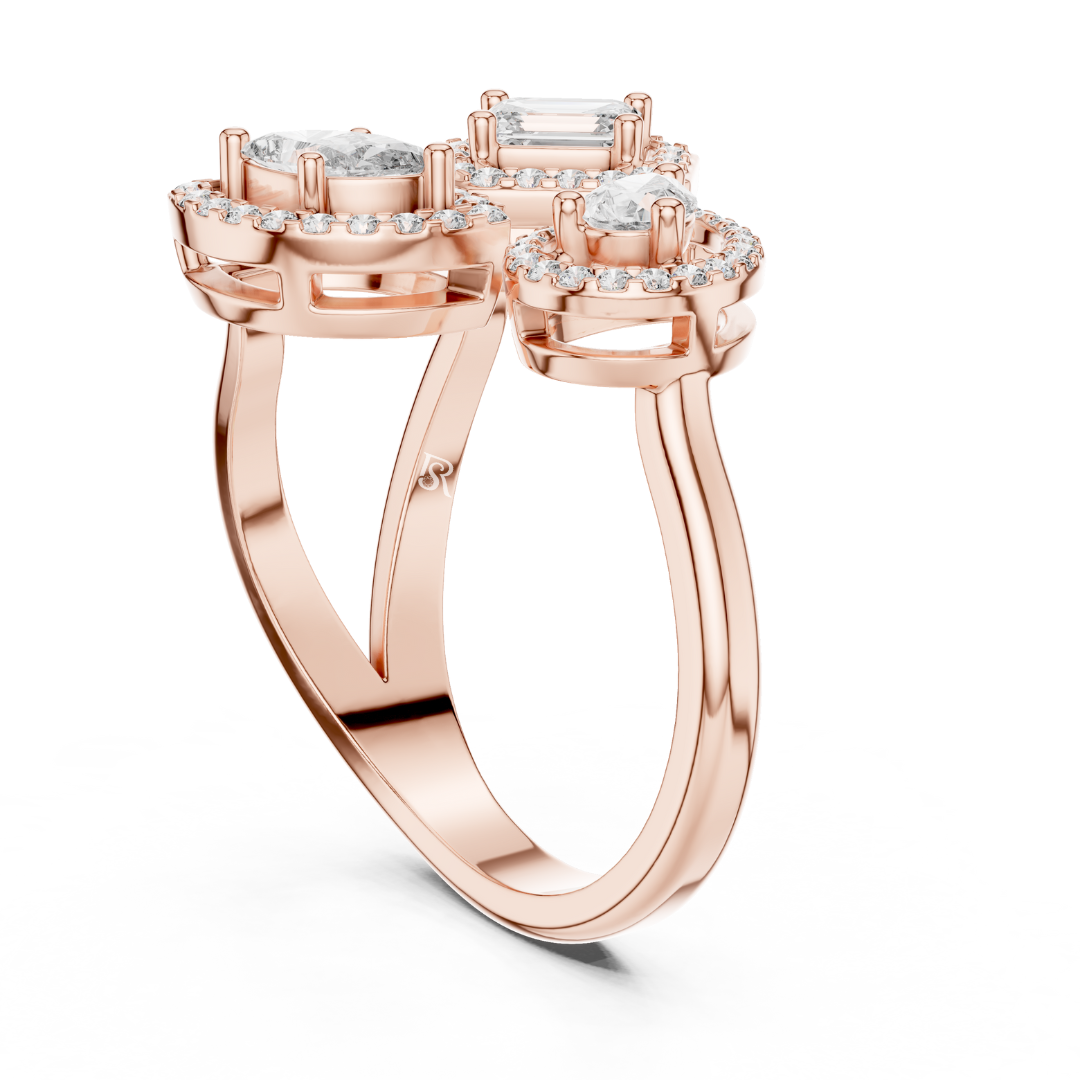 Rose gold multi shape halo diamond ring
Rose gold statement ring with halo diamonds
Multi stone diamond ring in rose gold
Rose gold ring with pear and emerald diamonds
Designer halo diamond ring with split band
Luxury rose gold multi diamond ring
Elegant mixed shape diamond halo ring
Rose gold open style statement ring
Modern halo diamond ring with split shank
Rose gold ring with pear marquise diamonds