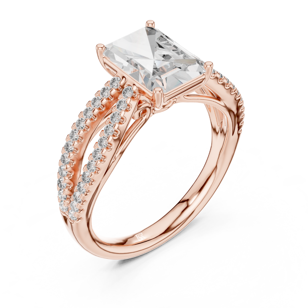 Angled side view radiant cut diamond ring in rose gold
Rose gold radiant diamond ring with split pave shank
Radiant cut diamond engagement ring angled side profile
Rose gold radiant center stone ring with pave band
Side angle radiant diamond bridal ring in rose gold
Rose gold radiant diamond ring with double split shank
Elegant radiant cut ring with pave diamond detailing
Angled profile radiant diamond ring with polished rose gold band
Luxury rose gold radiant cut diamond engagement ring
Rose gold radiant d