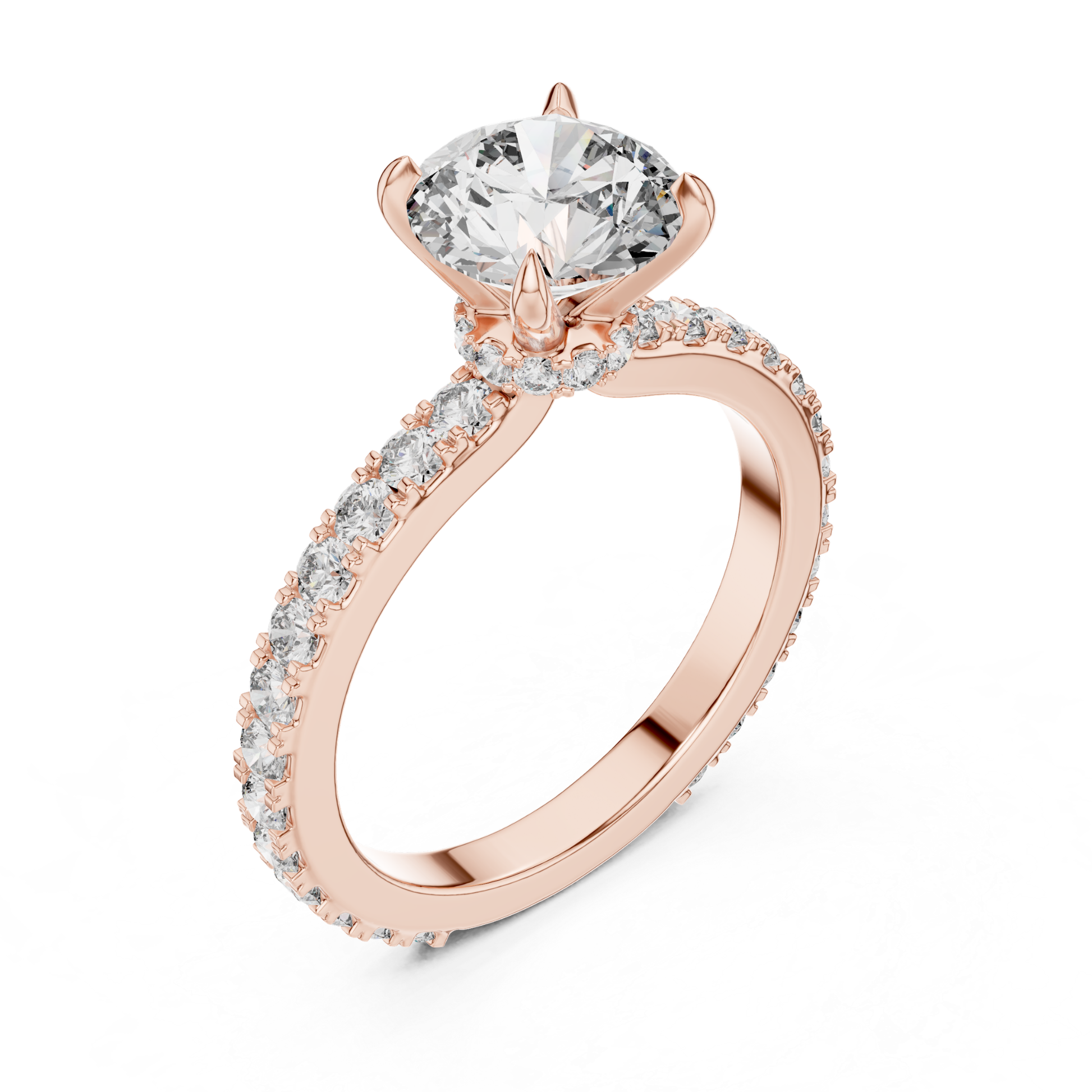 Rose gold round diamond solitaire ring
Round cut diamond ring with hidden halo
Rose gold engagement ring with pave band
Round diamond ring side angle view
Four prong round diamond solitaire ring
Hidden halo round diamond ring in rose gold
Pave set diamond band with round center stone
Classic round diamond engagement ring profile
Rose gold round diamond ring with pave shank
Round brilliant diamond solitaire ring side view