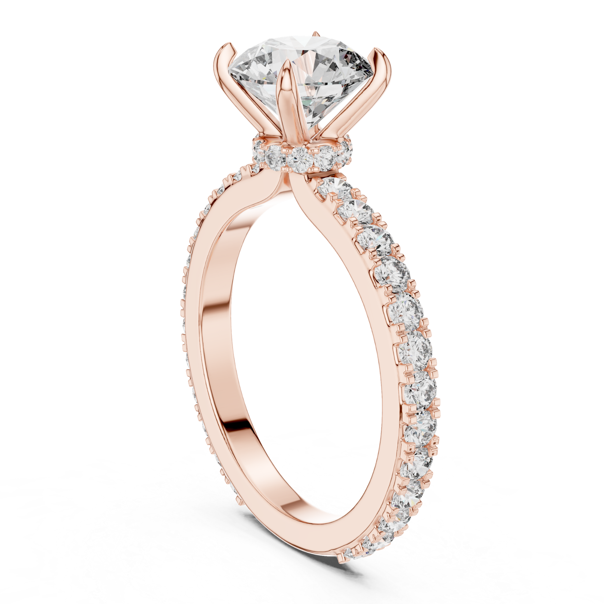 Rose gold round diamond solitaire ring
Round diamond ring with hidden halo
Rose gold pave band diamond ring
Round cut diamond engagement ring
Hidden halo round diamond ring side view
Rose gold diamond ring profile view
Round solitaire ring with pavé diamonds
Four prong round diamond ring
Diamond engagement ring with hidden halo
Rose gold round diamond ring angle view
