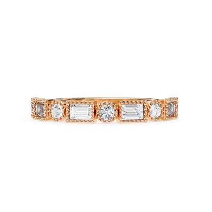 Rose gold ring with diamonds on a white background