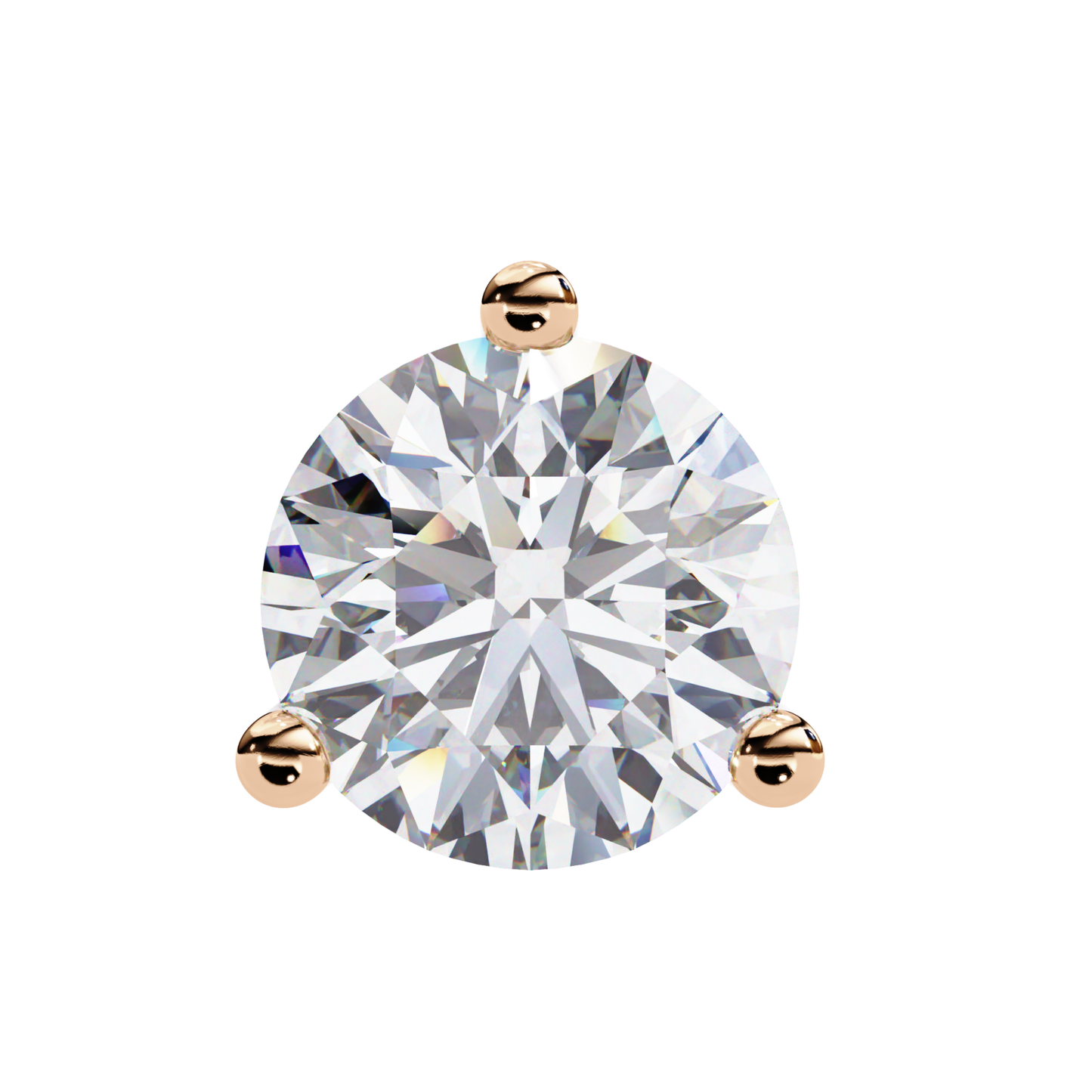 Round diamond in a rose gold three-prong setting with a clear view of the cut and metal color.