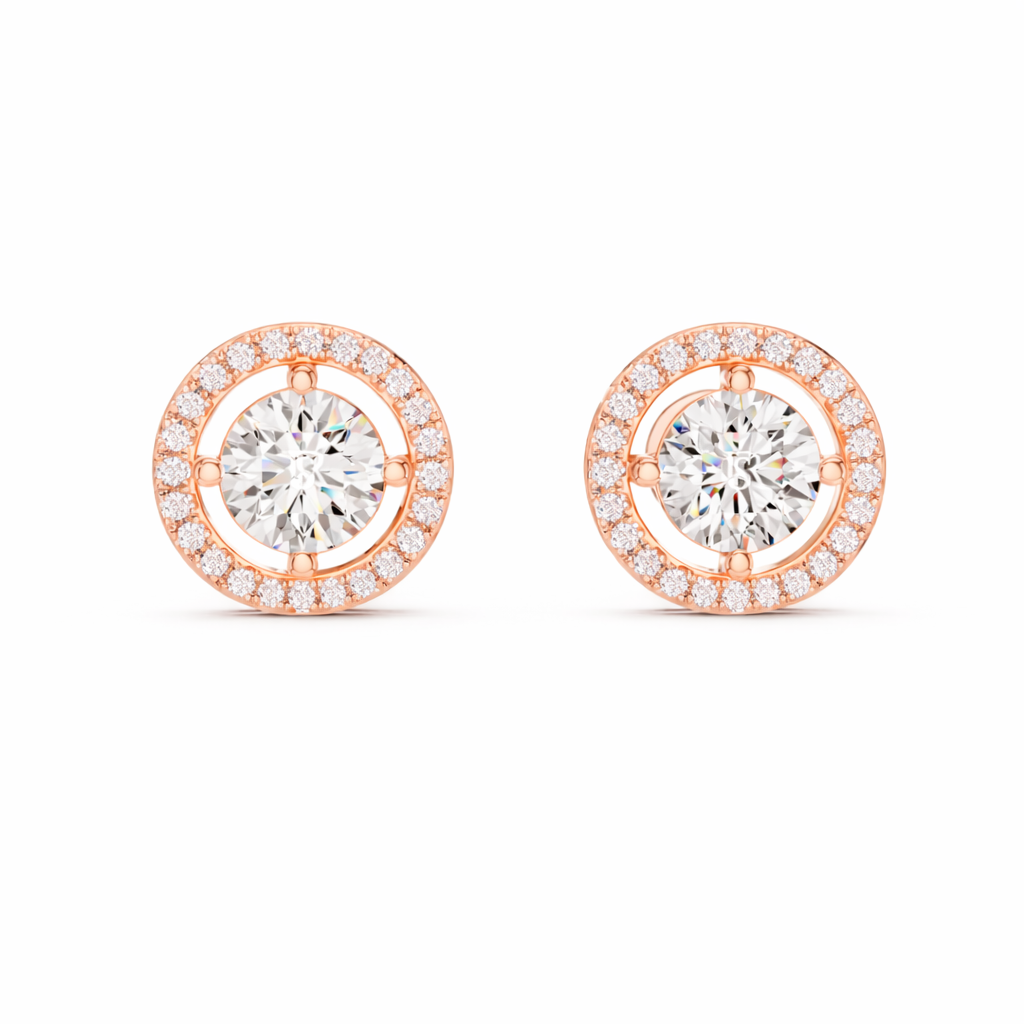 Round diamond halo stud earrings rose gold front view
Rose gold round diamond halo stud earrings
Round center diamond earrings with halo rose gold
Diamond halo stud earrings rose gold close view
Rose gold round diamond halo earrings pair
Round diamond halo studs rose gold fine jewelry
Classic round diamond halo stud earrings rose gold
Rose gold diamond halo stud earrings front angle
Round diamond halo earrings rose gold setting
Diamond halo stud earrings rose gold product image