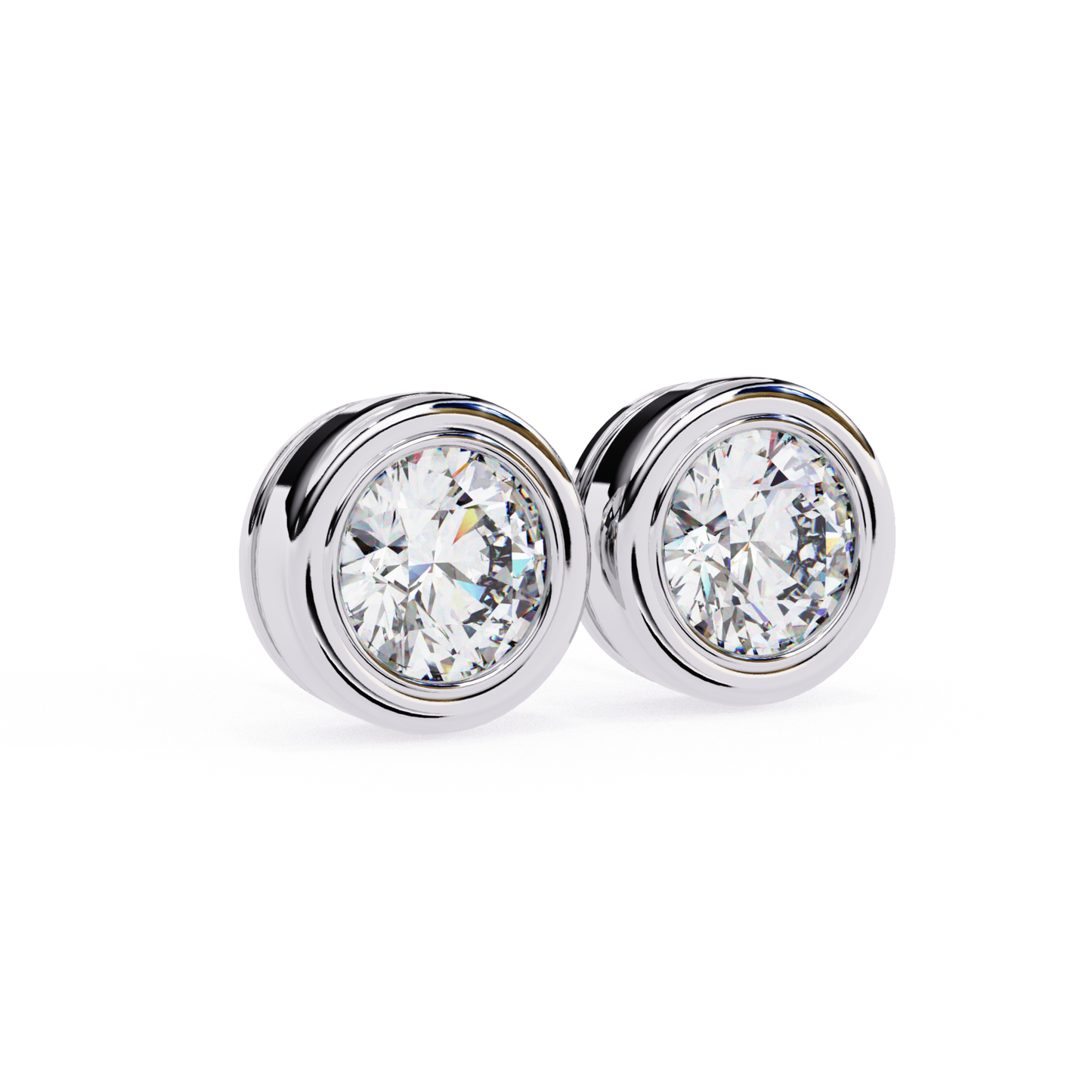 White gold stud earrings with round brilliant diamond in a bezel setting