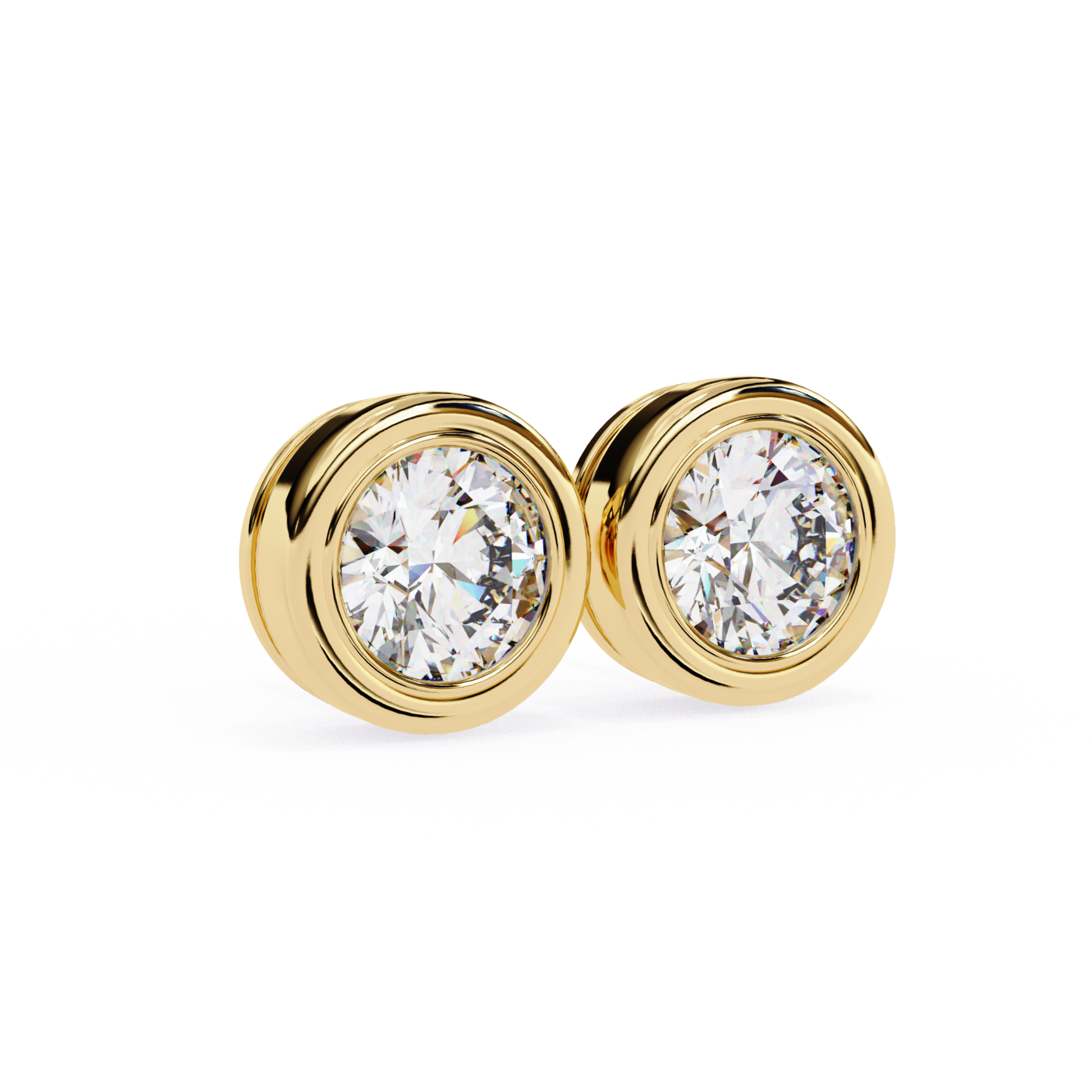 Round brilliant diamond stud earrings set in a yellow gold bezel
