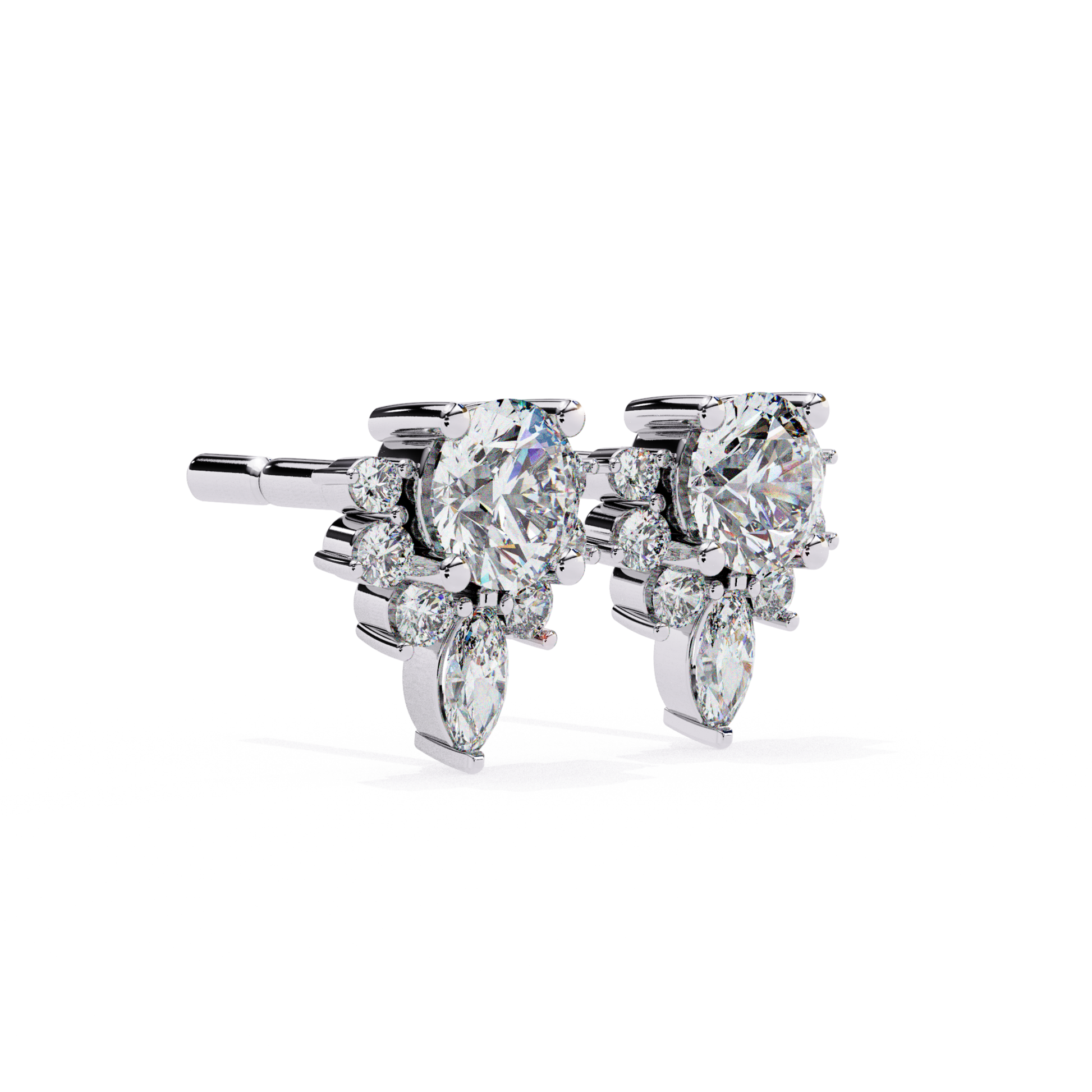  Shimmering white-gold stud earrings with a beautiful diamond cluster, arranged in a floral-inspired design.
