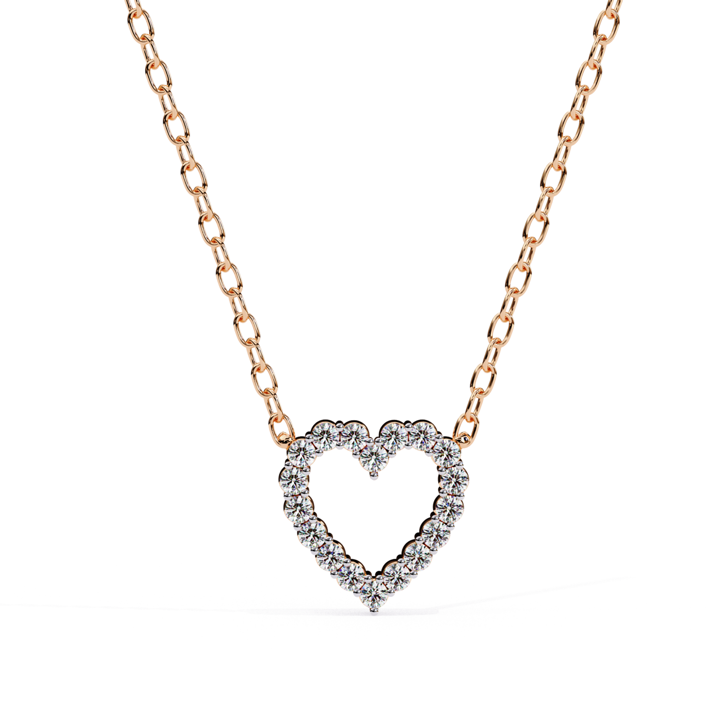 Heart-shaped diamond pendant necklace in silver with diamonds outlining the heart.