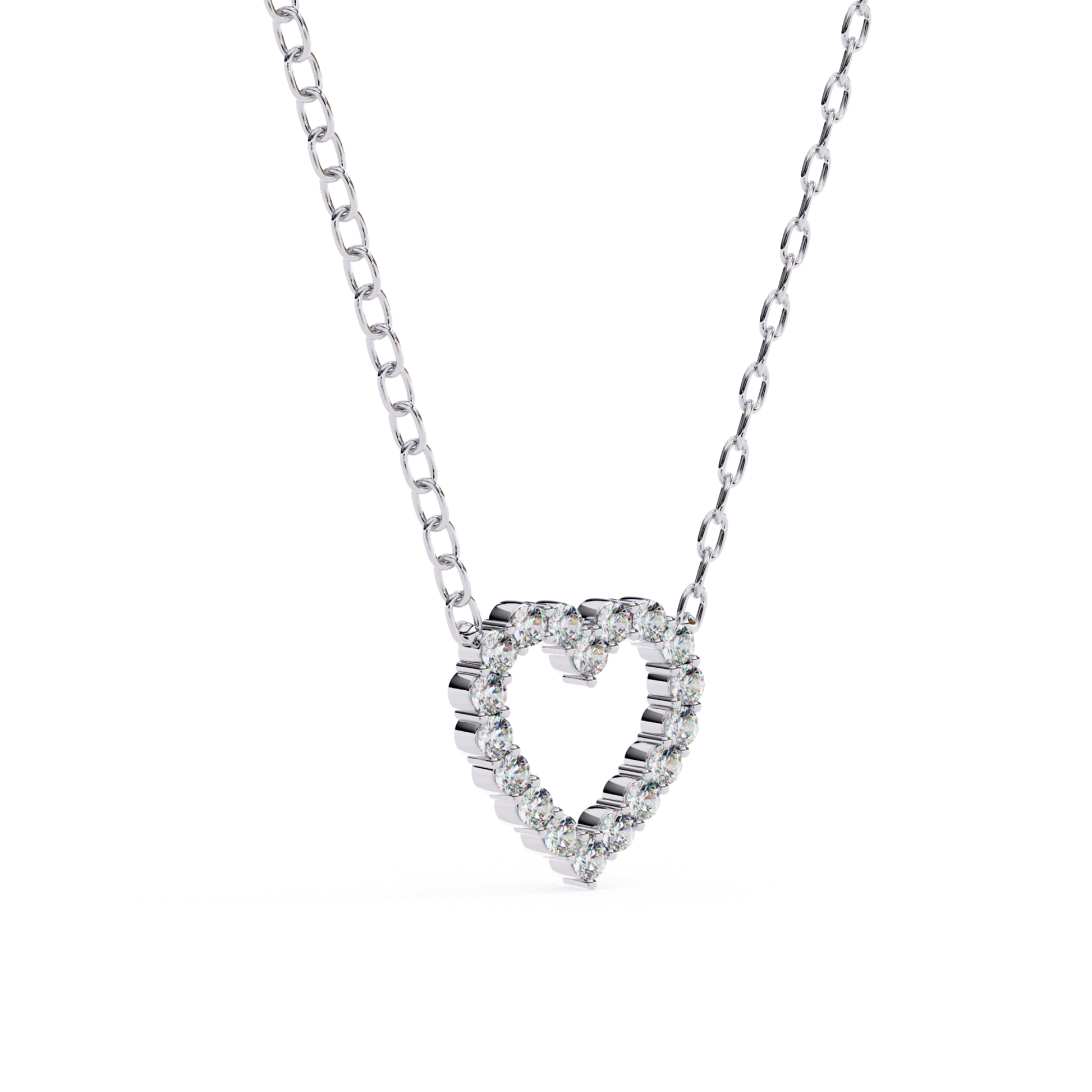 Heart-shaped diamond pendant necklace with a striated design in silver, adorned with diamonds outlining the heart.