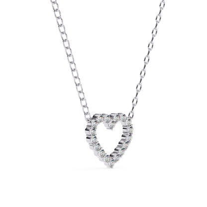 Heart-shaped diamond pendant necklace with a striated design in silver, adorned with diamonds outlining the heart.