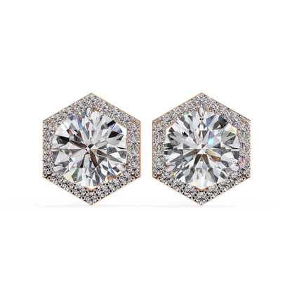 Elegant white gold hexagonal stud earrings featuring a brilliant round-cut diamond surrounded by a glittering halo, designed to elevate any special occasion.
