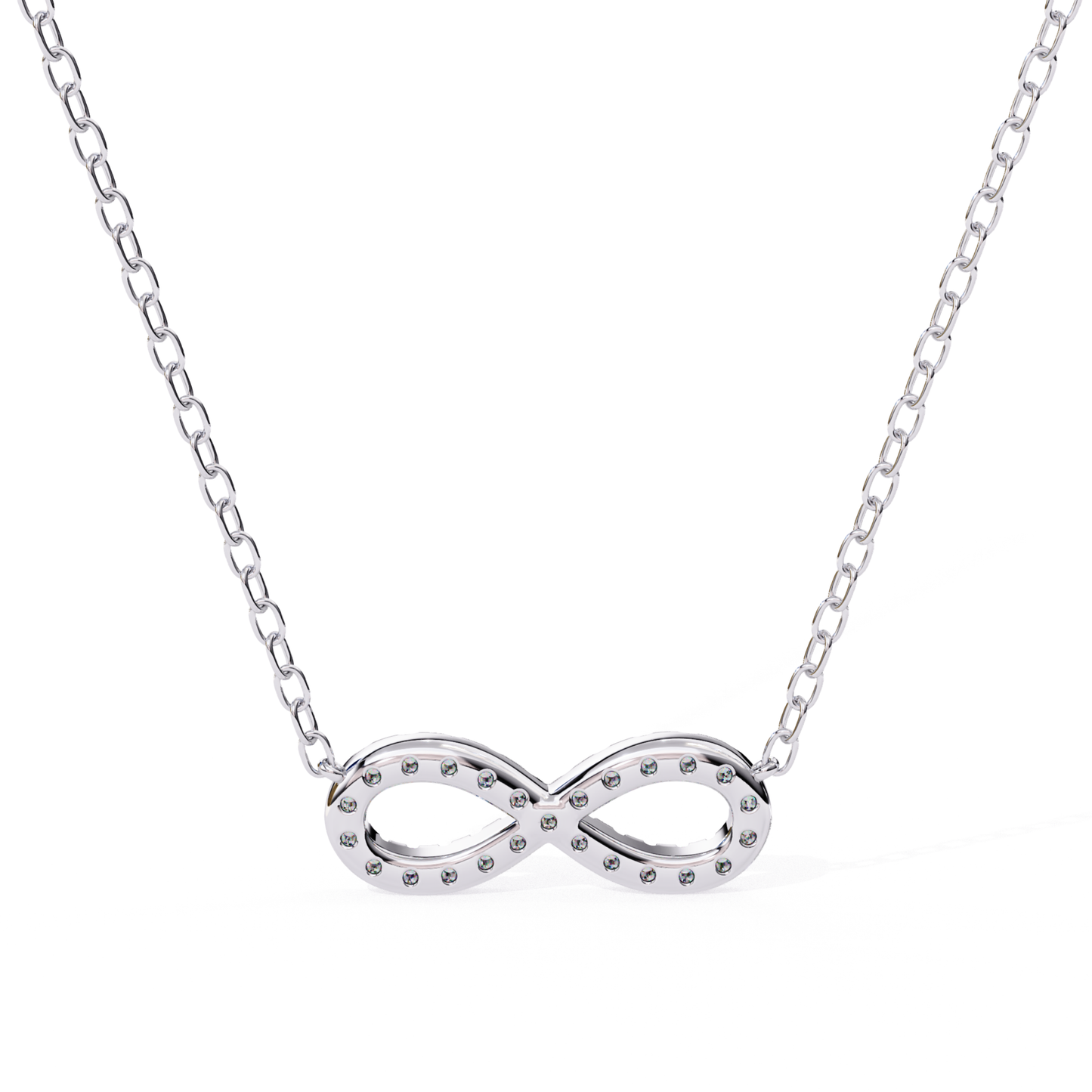 Silver infinity necklace on a white background