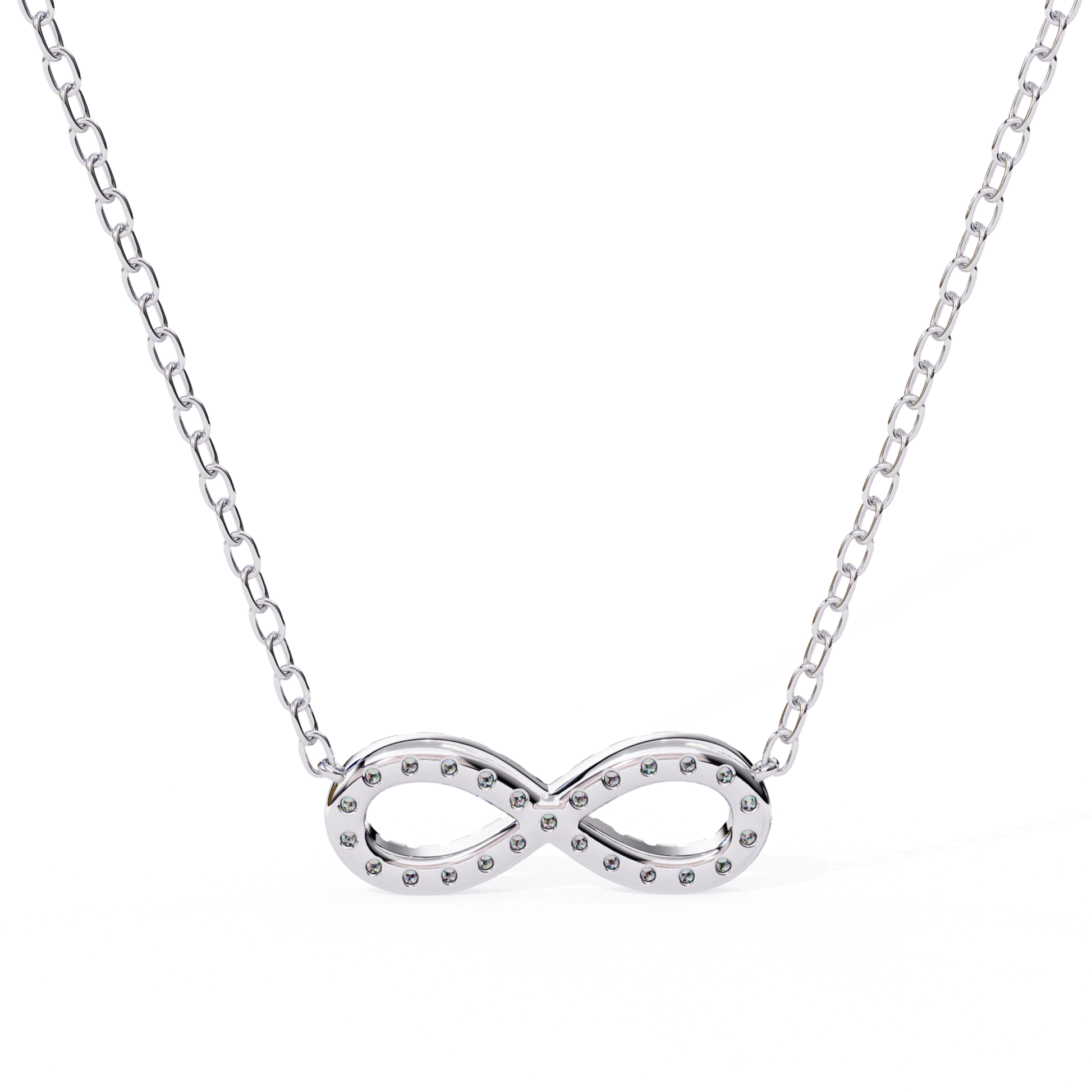 Silver infinity necklace on a white background