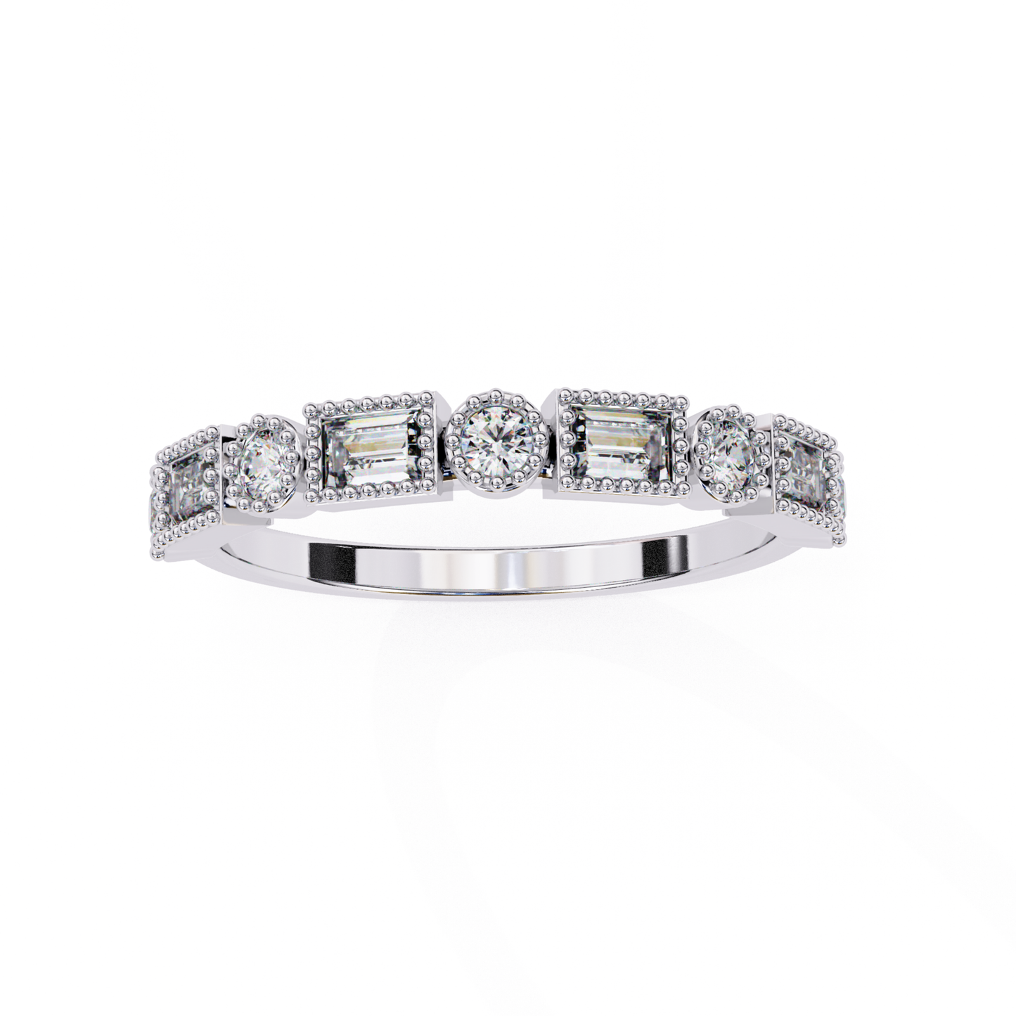 Silver Band With Round And Step Cut Gems Front View