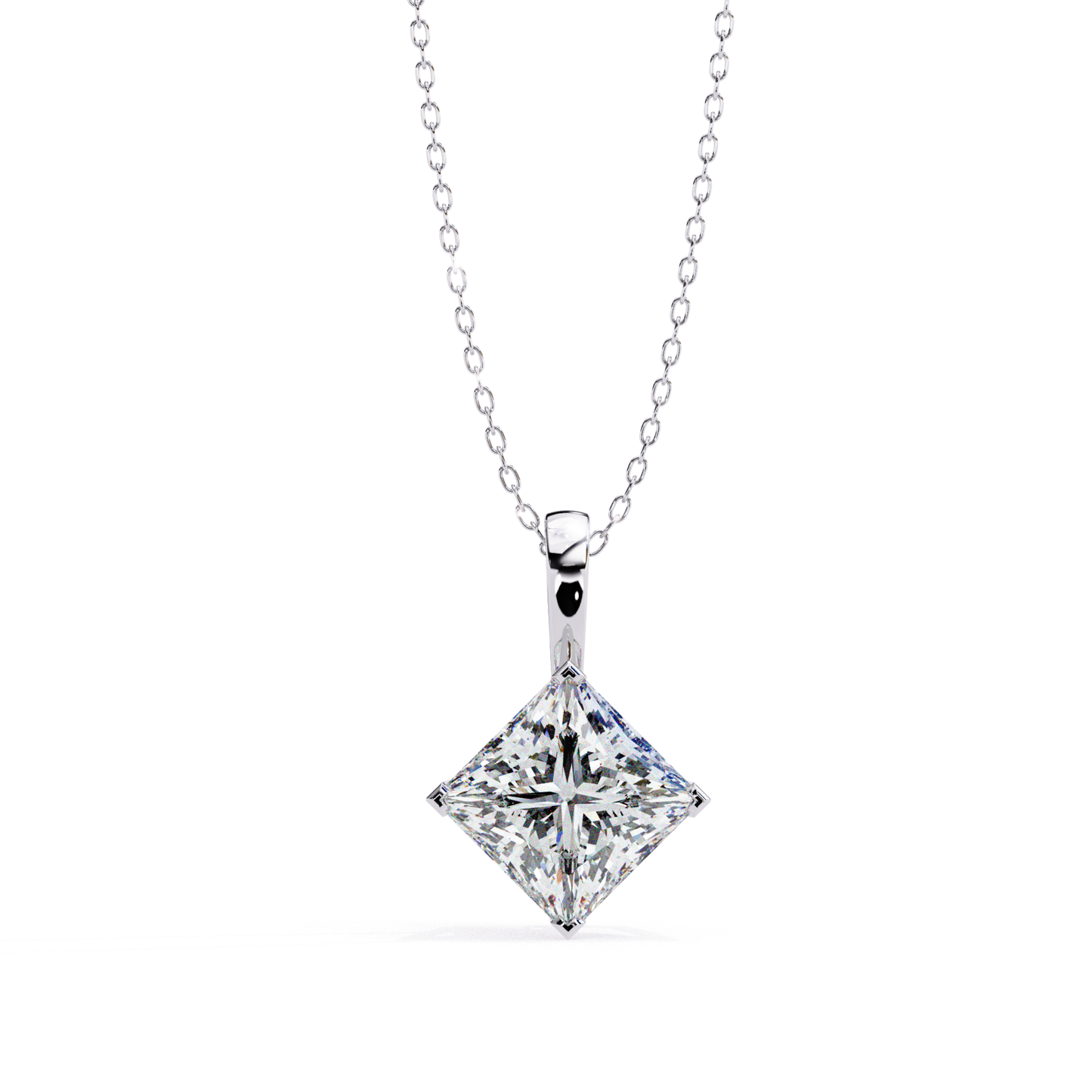Silver pendant with a princess-cut diamond in a four-prong setting, suspended on a fine chain for an elegant look.