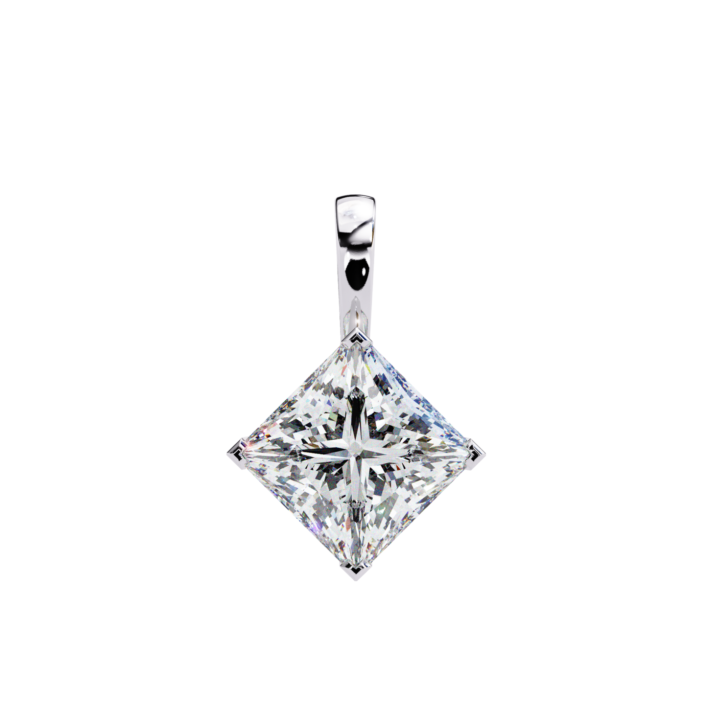 Pyramid-shaped diamond pendant in silver, highlighting a brilliant cut diamond.