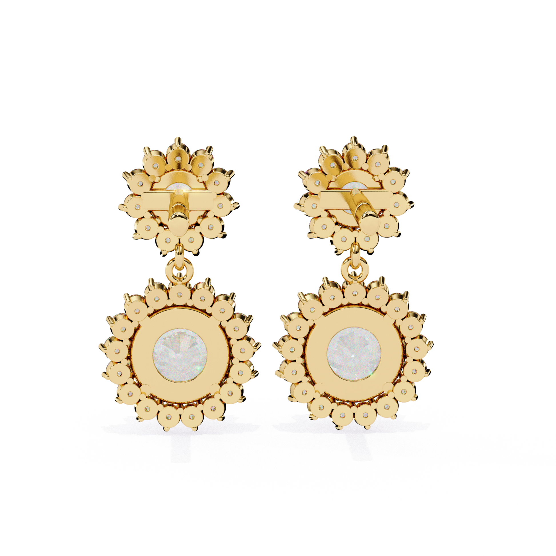 Gorgeous yellow-gold earrings with a floral design and a glowing center stone.