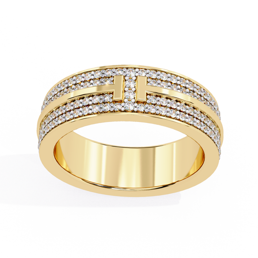 Pave diamond band with T motif in yellow gold