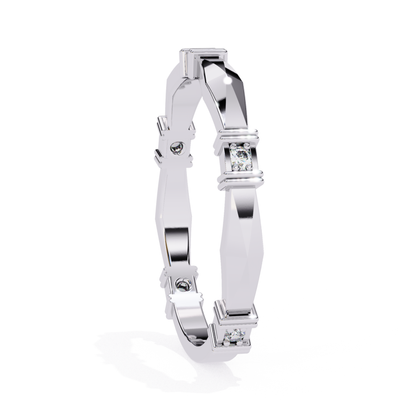 Modern white gold band featuring diamonds set in symmetrical, clean lines.