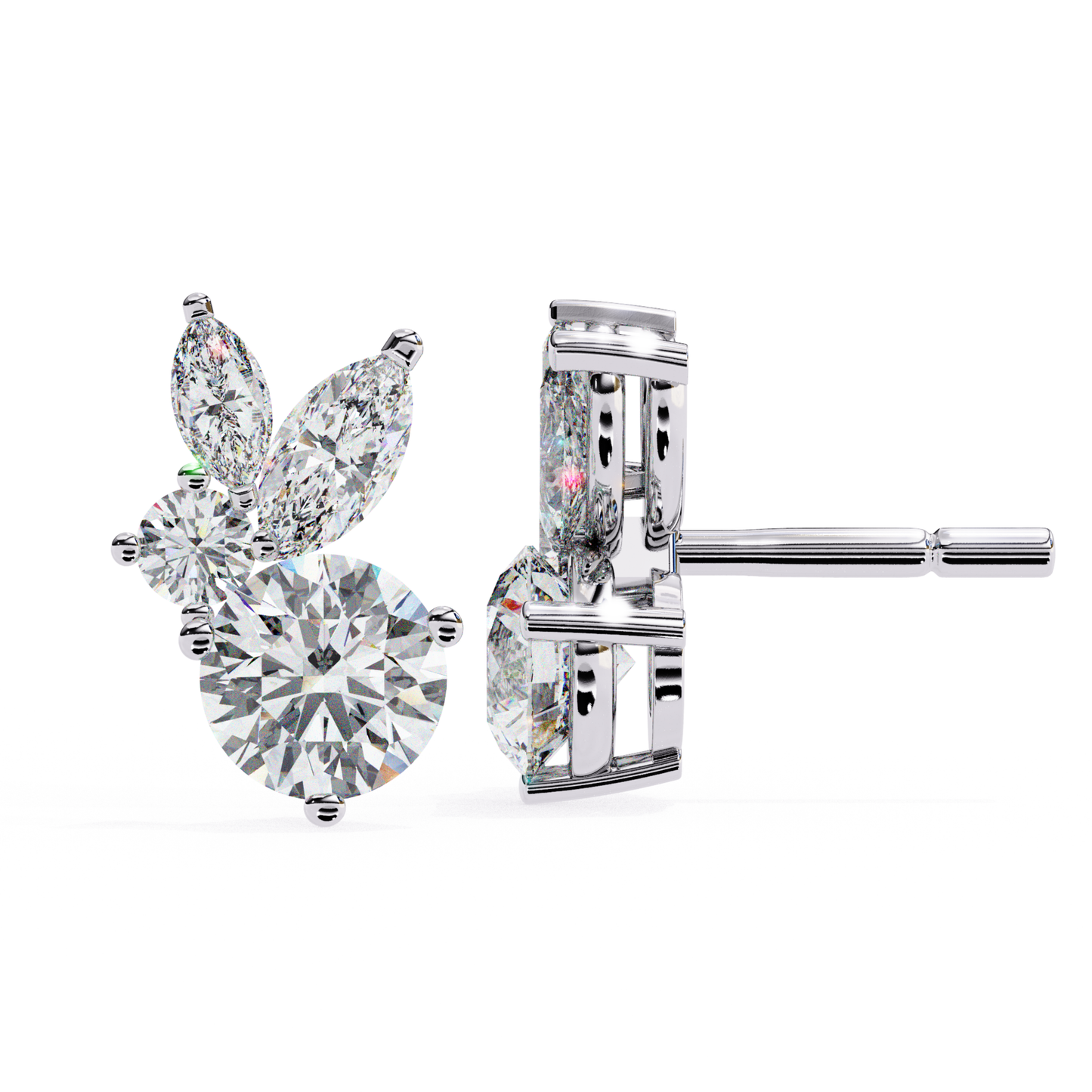 Charming white gold stud earrings with a radiant round diamond at the center, accented by marquise diamonds that enhance the brilliance and elegance.