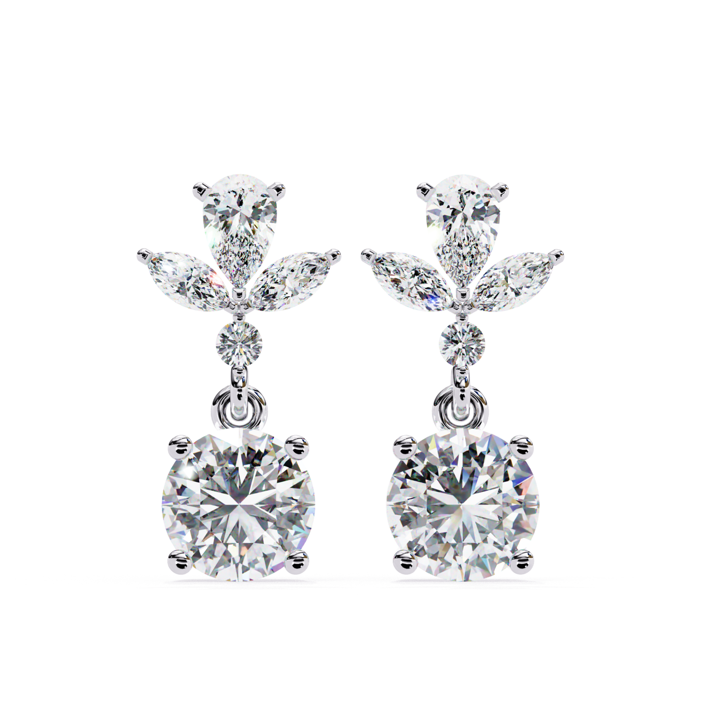 Graceful white gold earrings with a bold round diamond, surrounded by delicate pear-shaped and marquise diamonds, giving an empire-inspired elegance perfect for any occasion.