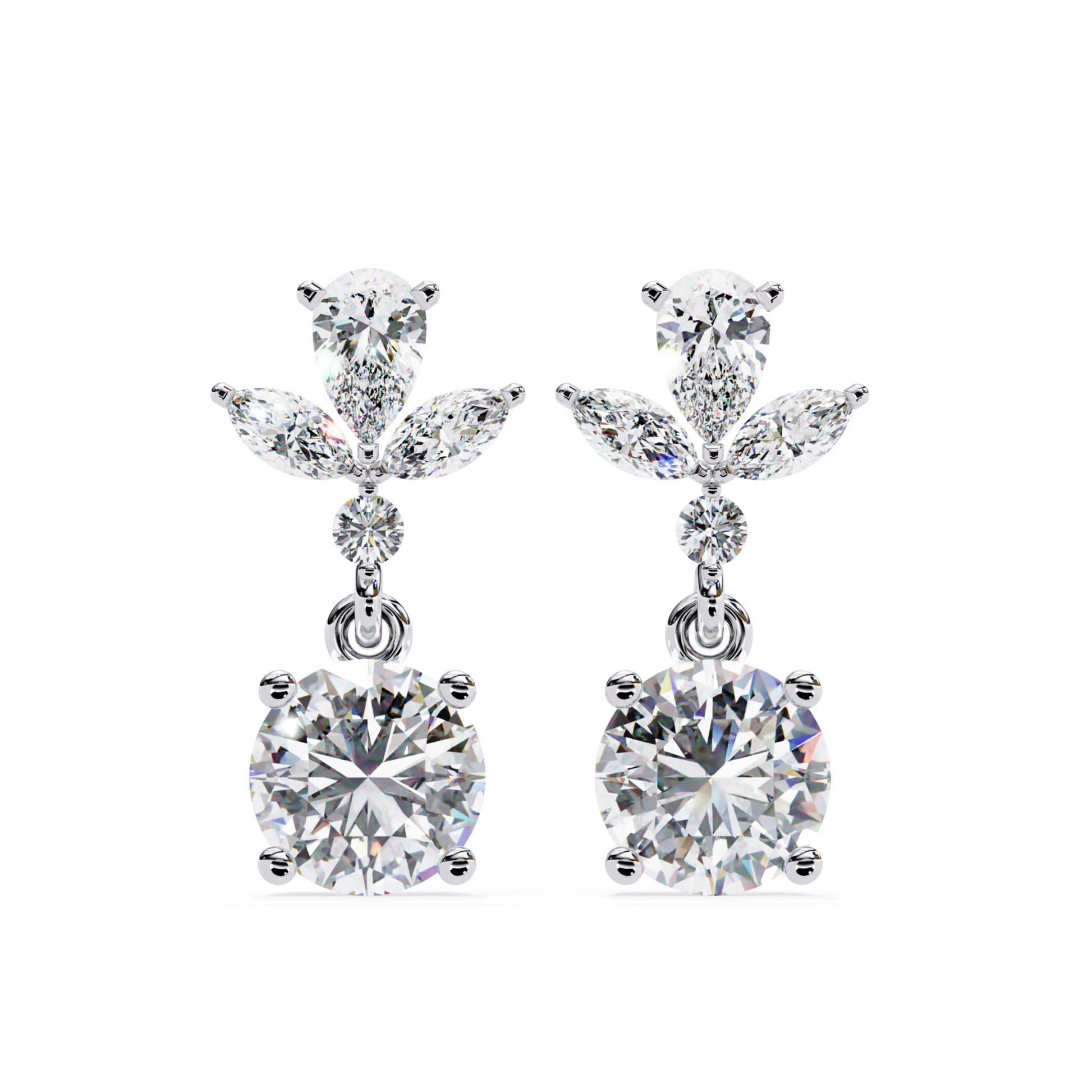 Graceful white gold earrings with a bold round diamond, surrounded by delicate pear-shaped and marquise diamonds, giving an empire-inspired elegance perfect for any occasion.