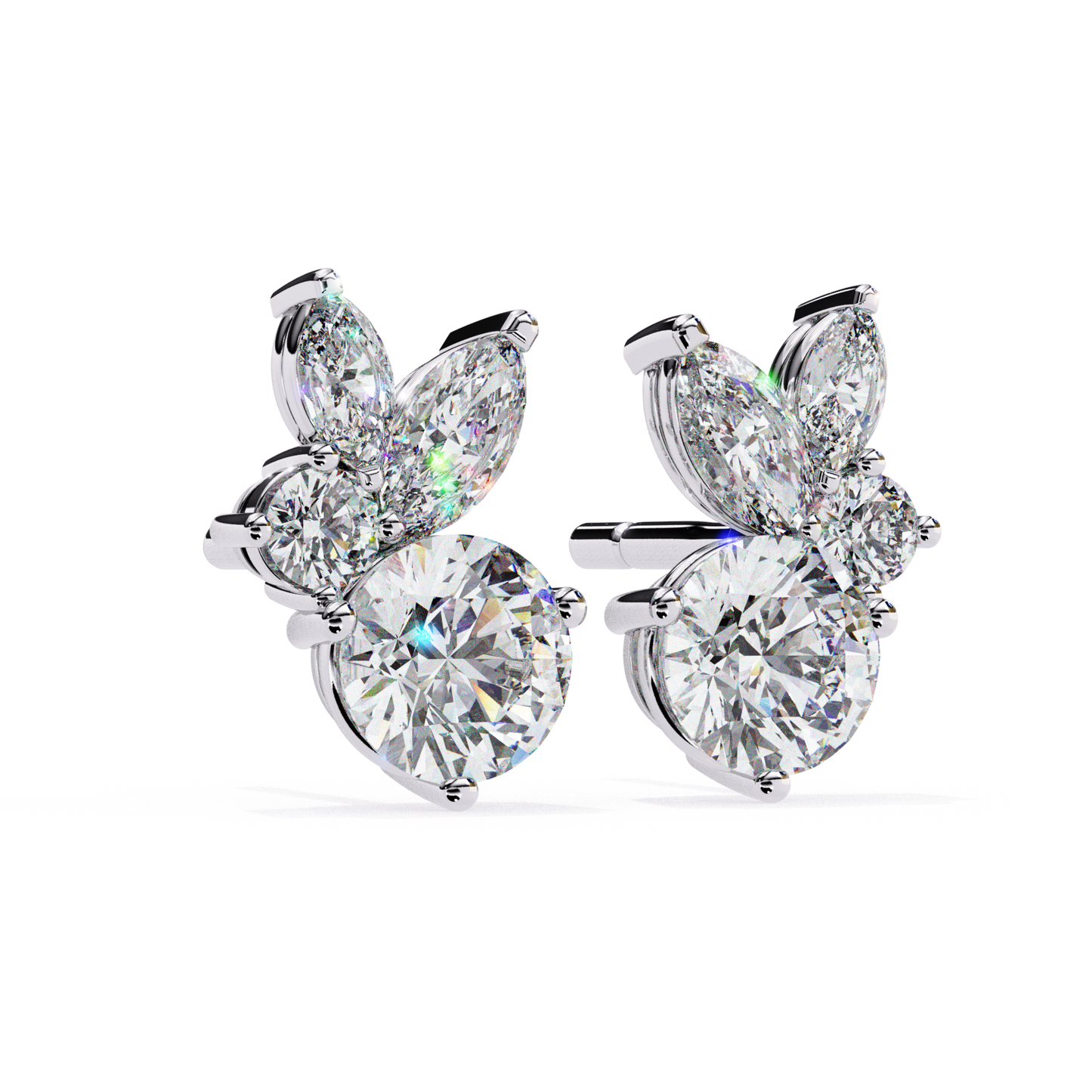 Timeless white gold stud earrings with a radiant round diamond at the center, encircled by marquise and pear-shaped diamonds to create a floral-inspired, sparkling design.