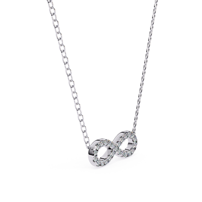 White gold necklace featuring a double infinity-shaped pendant, decorated with round diamonds.