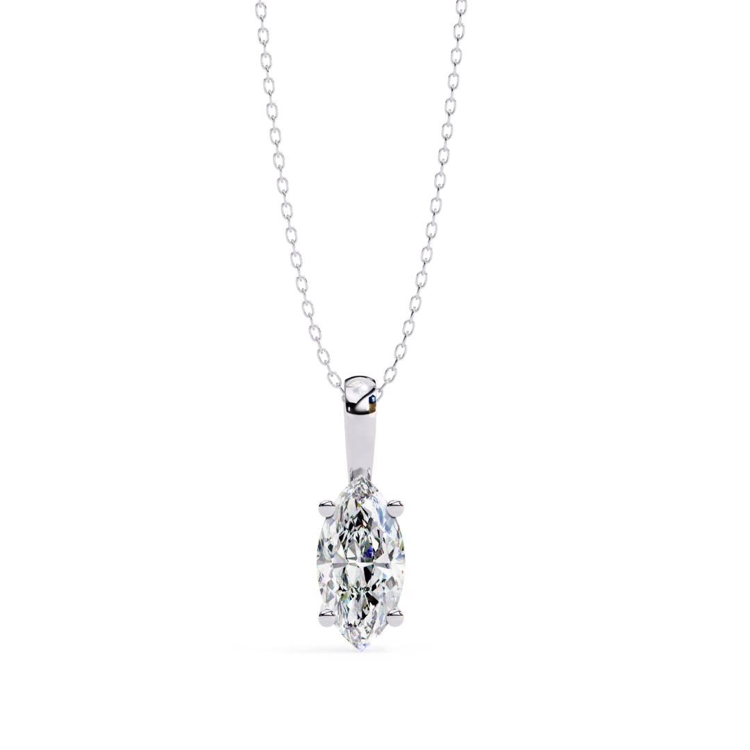 White gold pendant featuring a pear-cut diamond suspended on a delicate chain.
