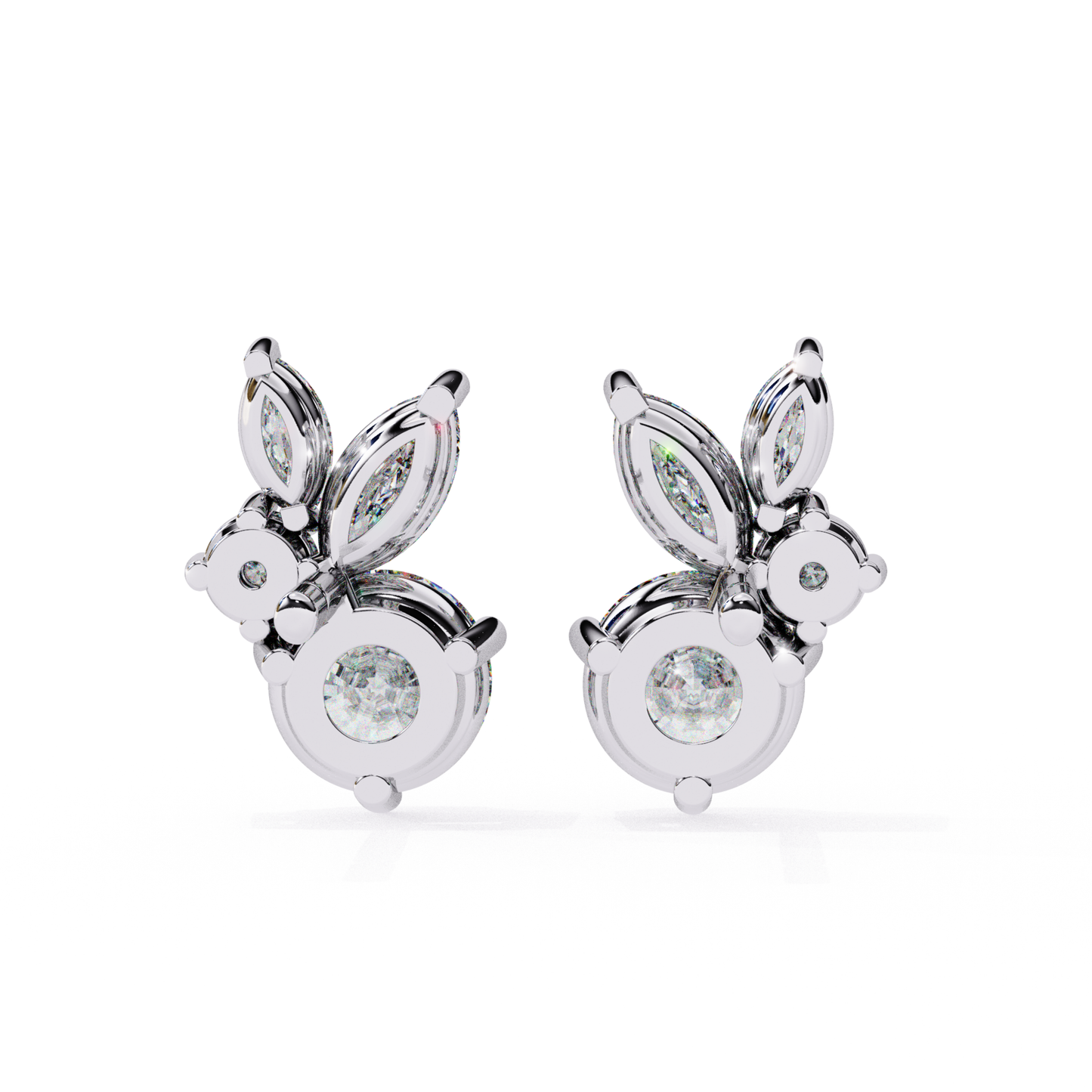 Timeless white gold stud earrings with a radiant round diamond at the center, encircled by marquise diamonds in a petal formation, offering a refined and elegant appearance.