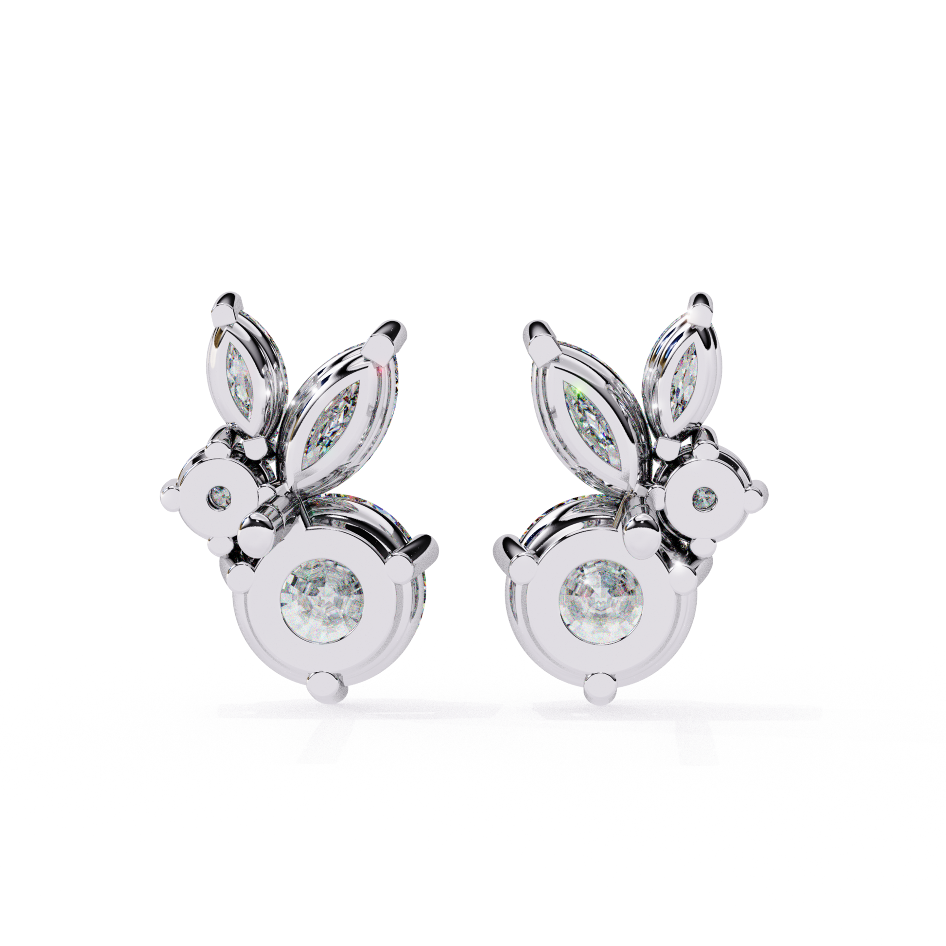 Timeless white gold stud earrings with a radiant round diamond at the center, encircled by marquise diamonds in a petal formation, offering a refined and elegant appearance.